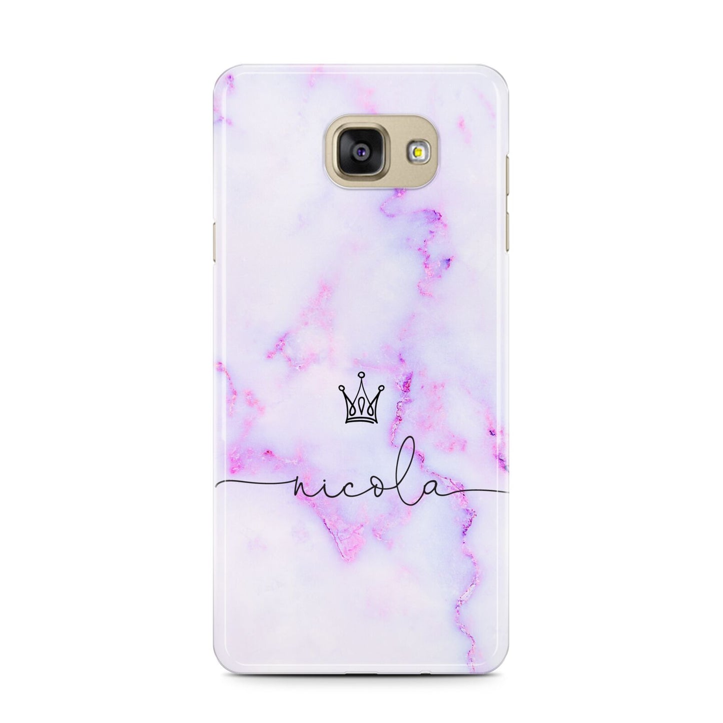 Pale Purple Glitter Marble with Crowned Name Samsung Galaxy A7 2016 Case on gold phone