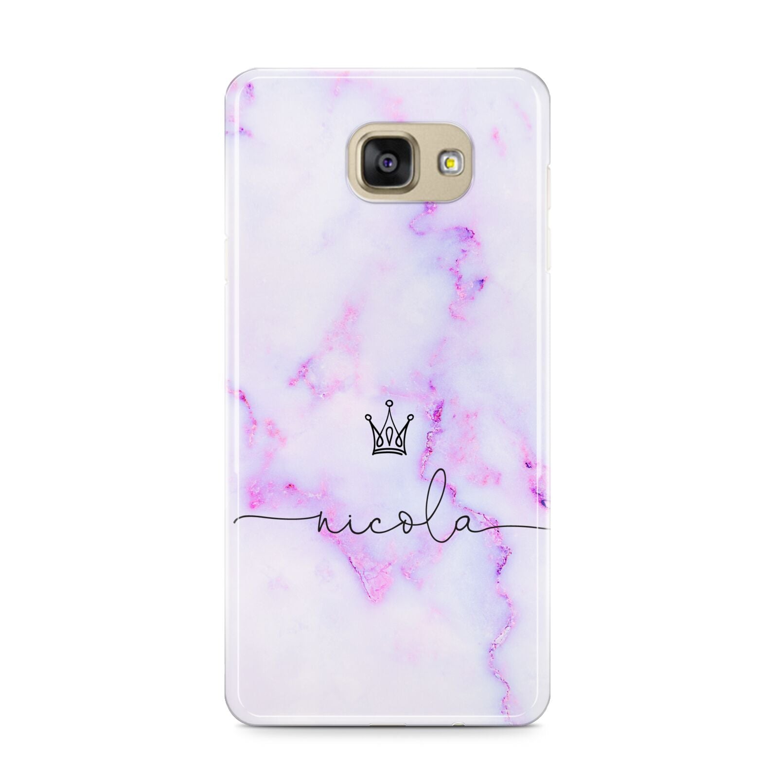 Pale Purple Glitter Marble with Crowned Name Samsung Galaxy A9 2016 Case on gold phone