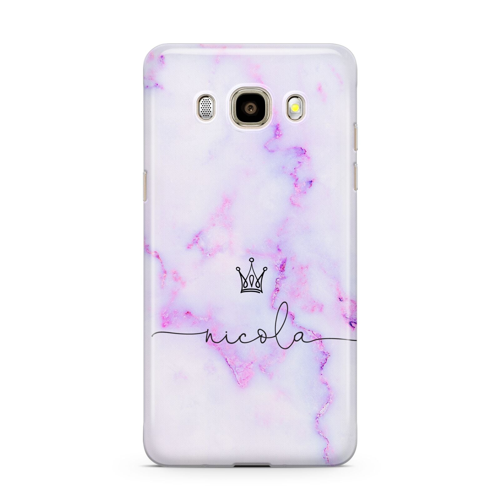 Pale Purple Glitter Marble with Crowned Name Samsung Galaxy J7 2016 Case on gold phone