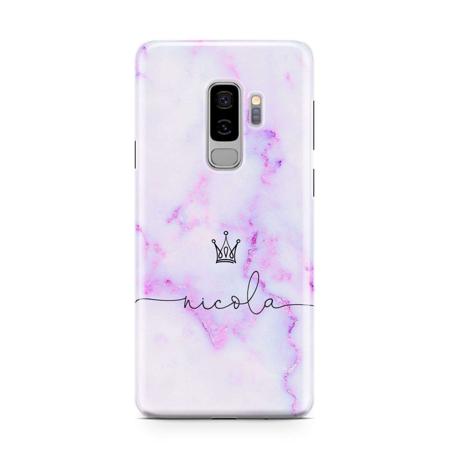 Pale Purple Glitter Marble with Crowned Name Samsung Galaxy S9 Plus Case on Silver phone