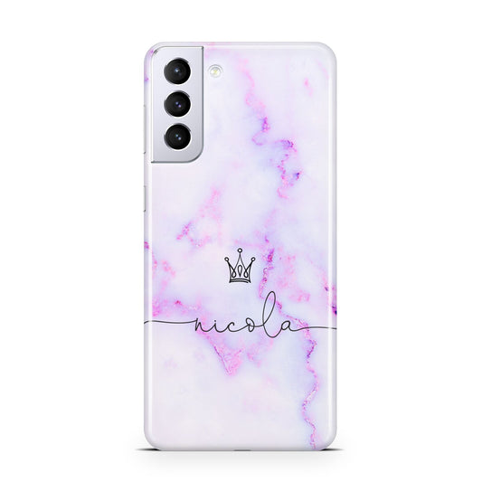 Pale Purple Glitter Marble with Crowned Name Samsung S21 Plus Phone Case