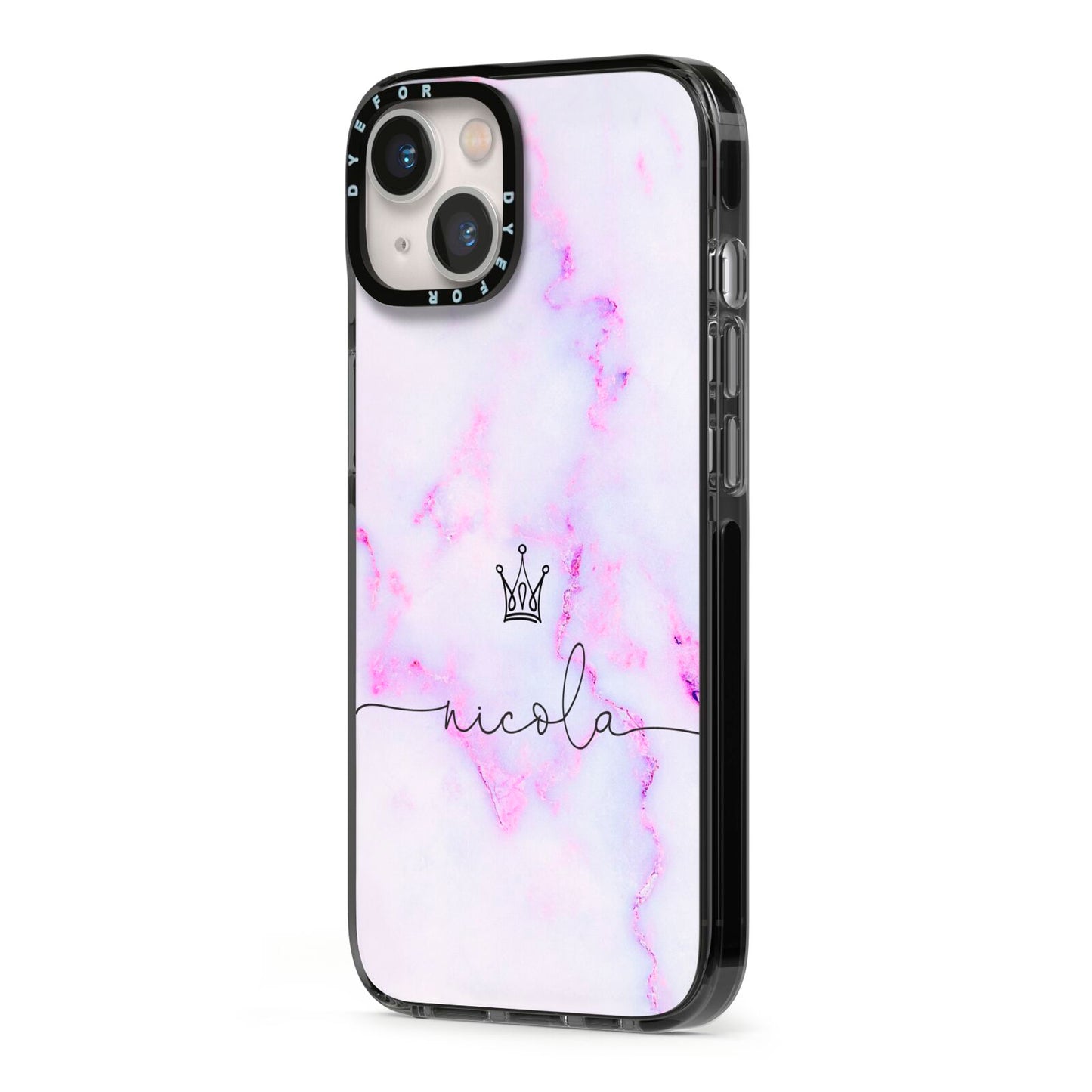 Pale Purple Glitter Marble with Crowned Name iPhone 13 Black Impact Case Side Angle on Silver phone