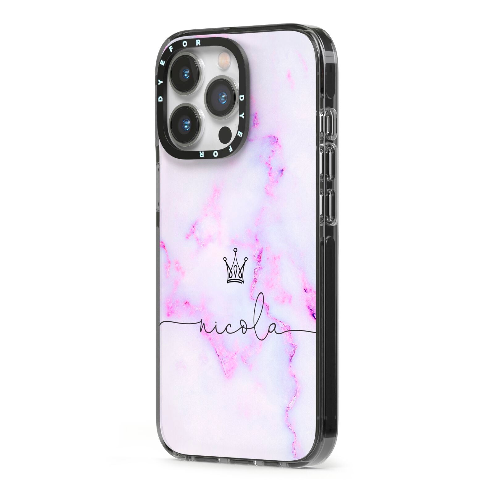 Pale Purple Glitter Marble with Crowned Name iPhone 13 Pro Black Impact Case Side Angle on Silver phone