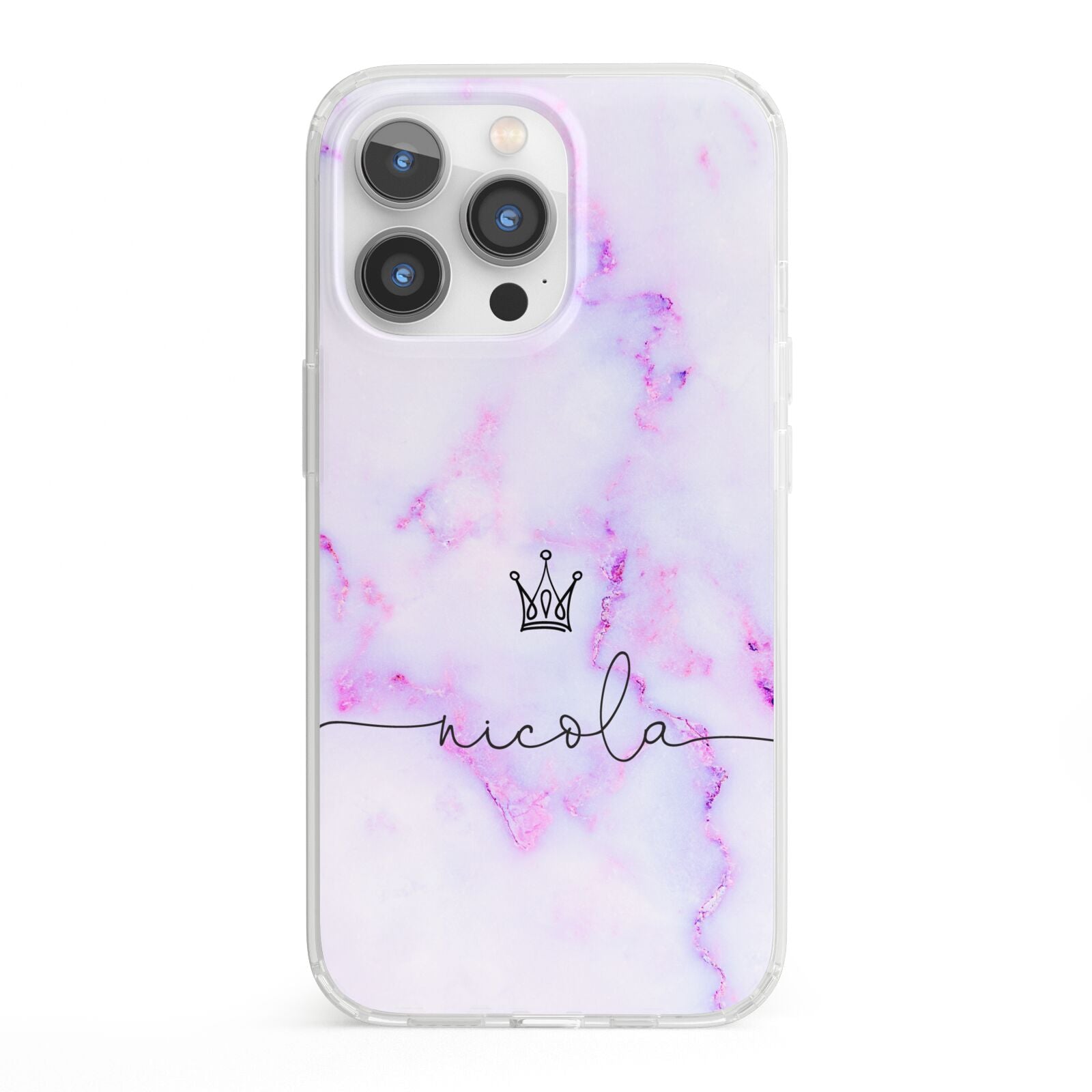 Pale Purple Glitter Marble with Crowned Name iPhone 13 Pro Clear Bumper Case