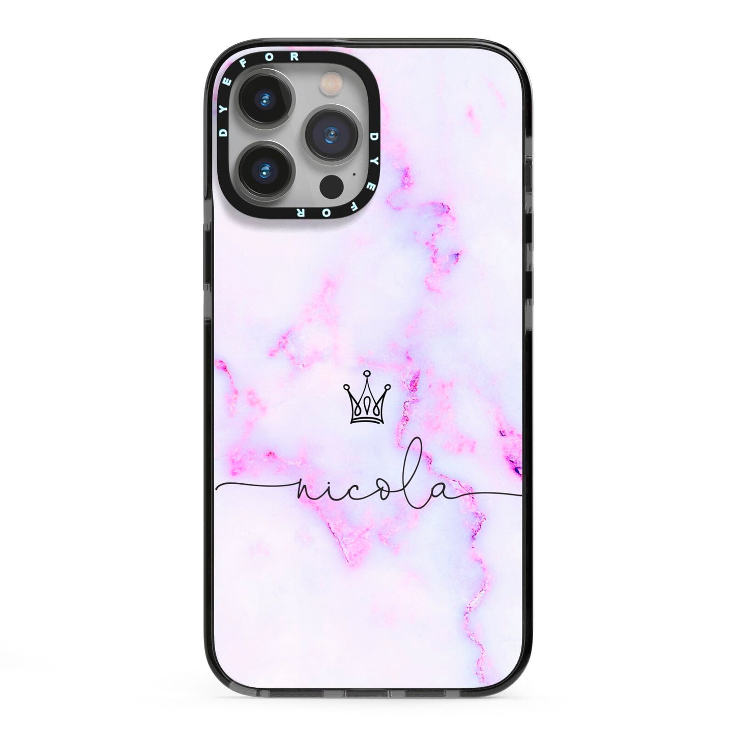 Pale Purple Glitter Marble with Crowned Name iPhone 13 Pro Max Black Impact Case on Silver phone