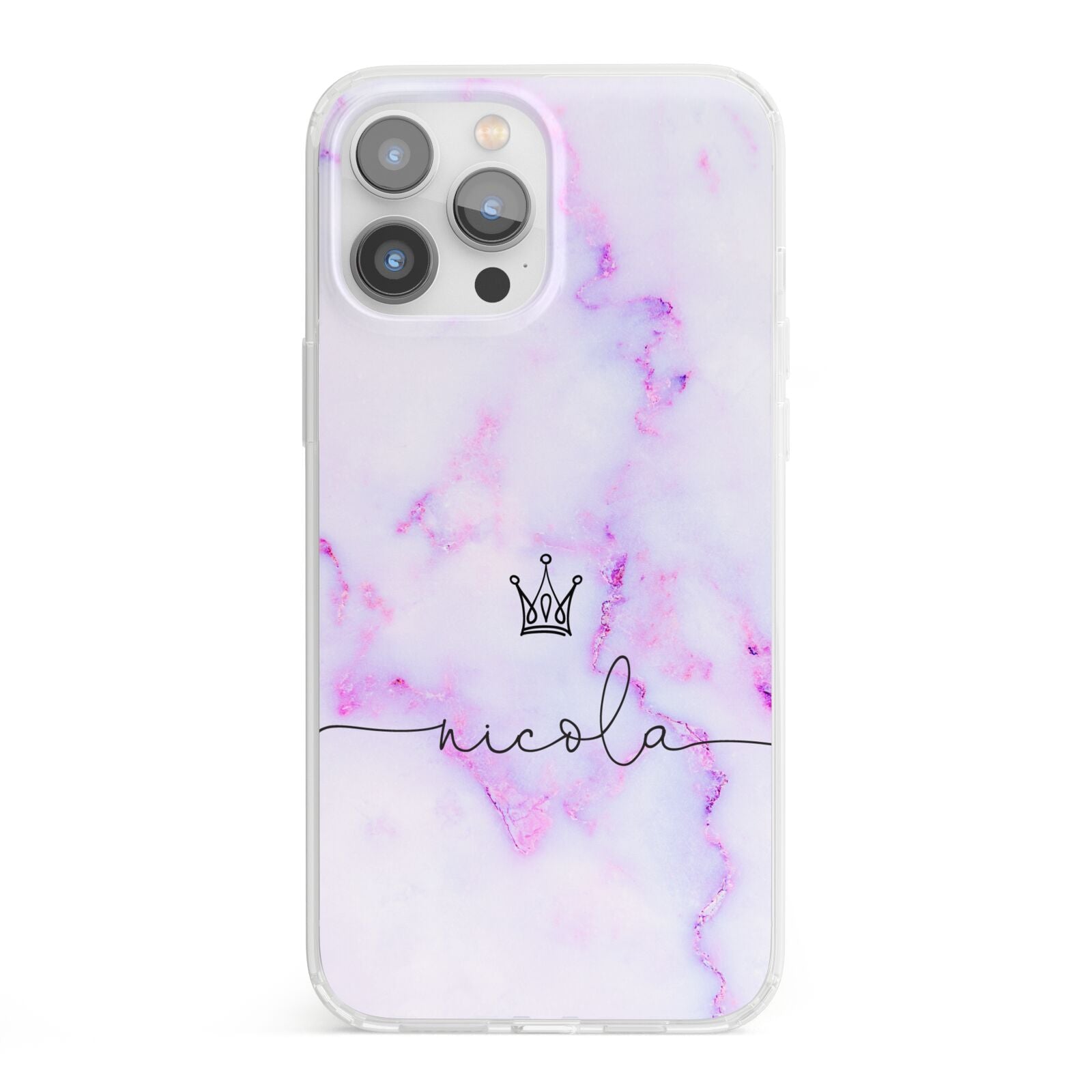 Pale Purple Glitter Marble with Crowned Name iPhone 13 Pro Max Clear Bumper Case