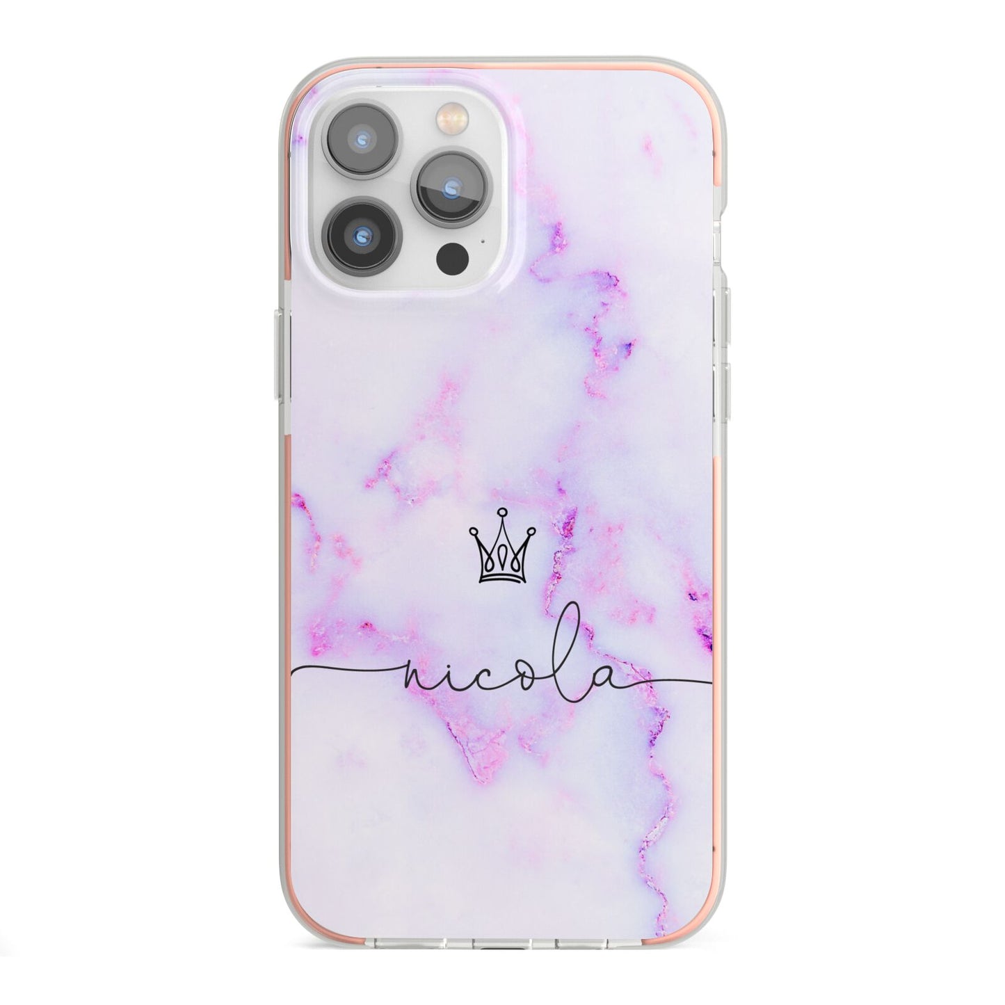 Pale Purple Glitter Marble with Crowned Name iPhone 13 Pro Max TPU Impact Case with Pink Edges