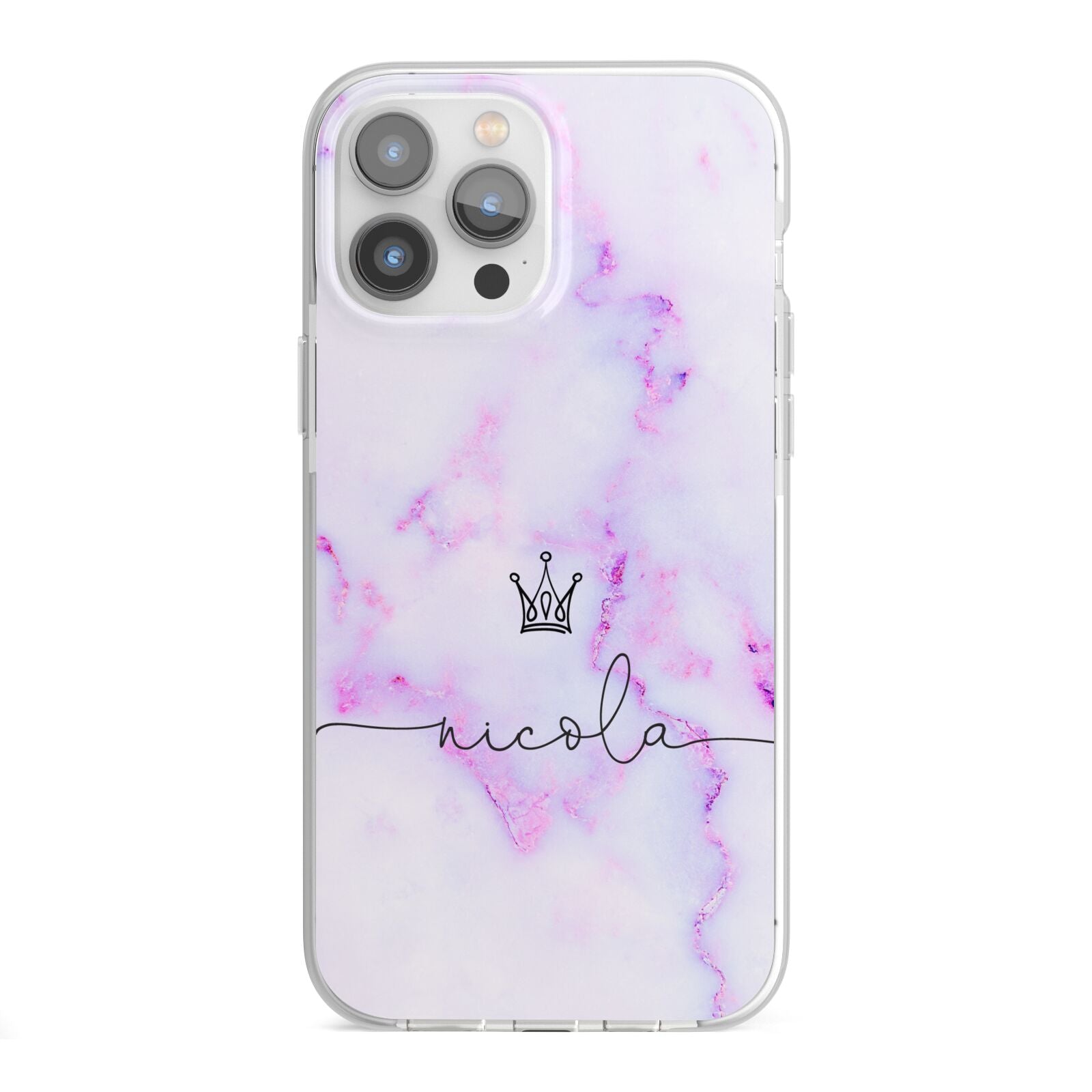 Pale Purple Glitter Marble with Crowned Name iPhone 13 Pro Max TPU Impact Case with White Edges