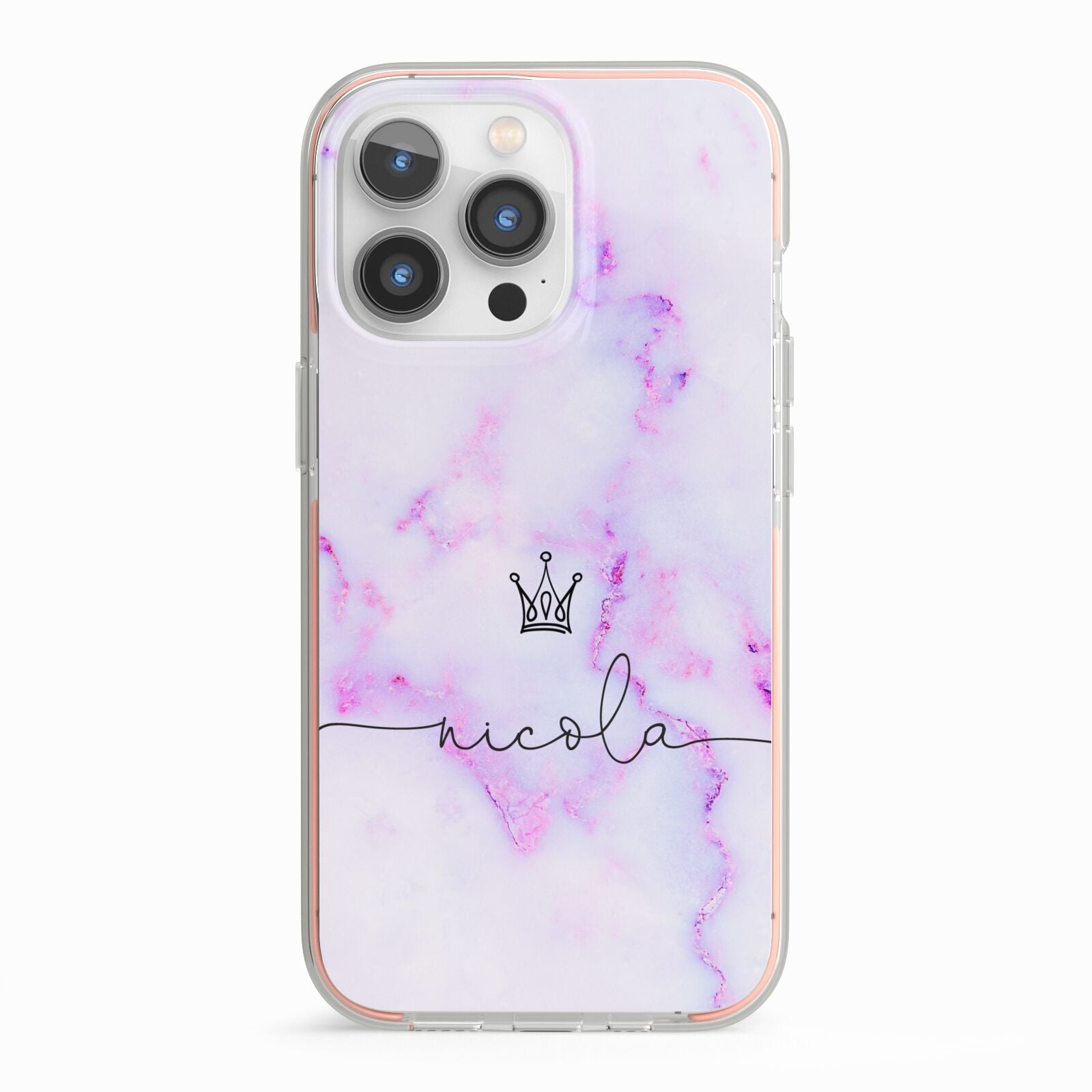 Pale Purple Glitter Marble with Crowned Name iPhone 13 Pro TPU Impact Case with Pink Edges