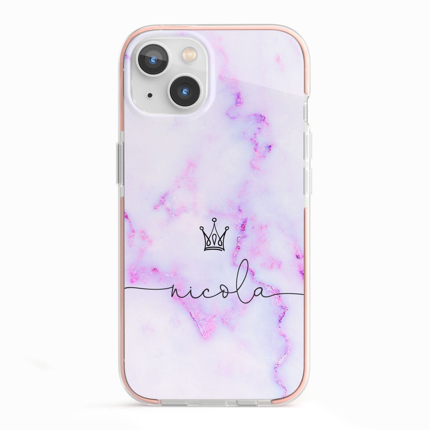 Pale Purple Glitter Marble with Crowned Name iPhone 13 TPU Impact Case with Pink Edges