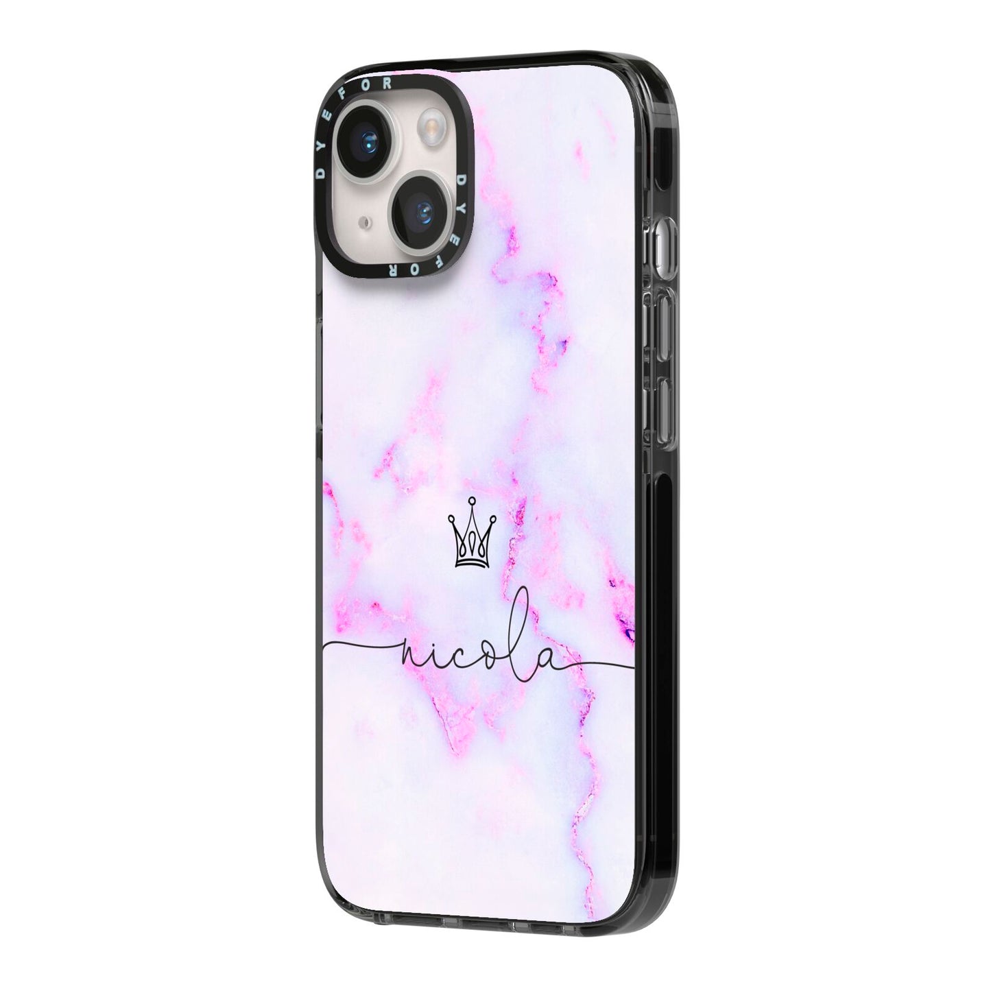 Pale Purple Glitter Marble with Crowned Name iPhone 14 Black Impact Case Side Angle on Silver phone