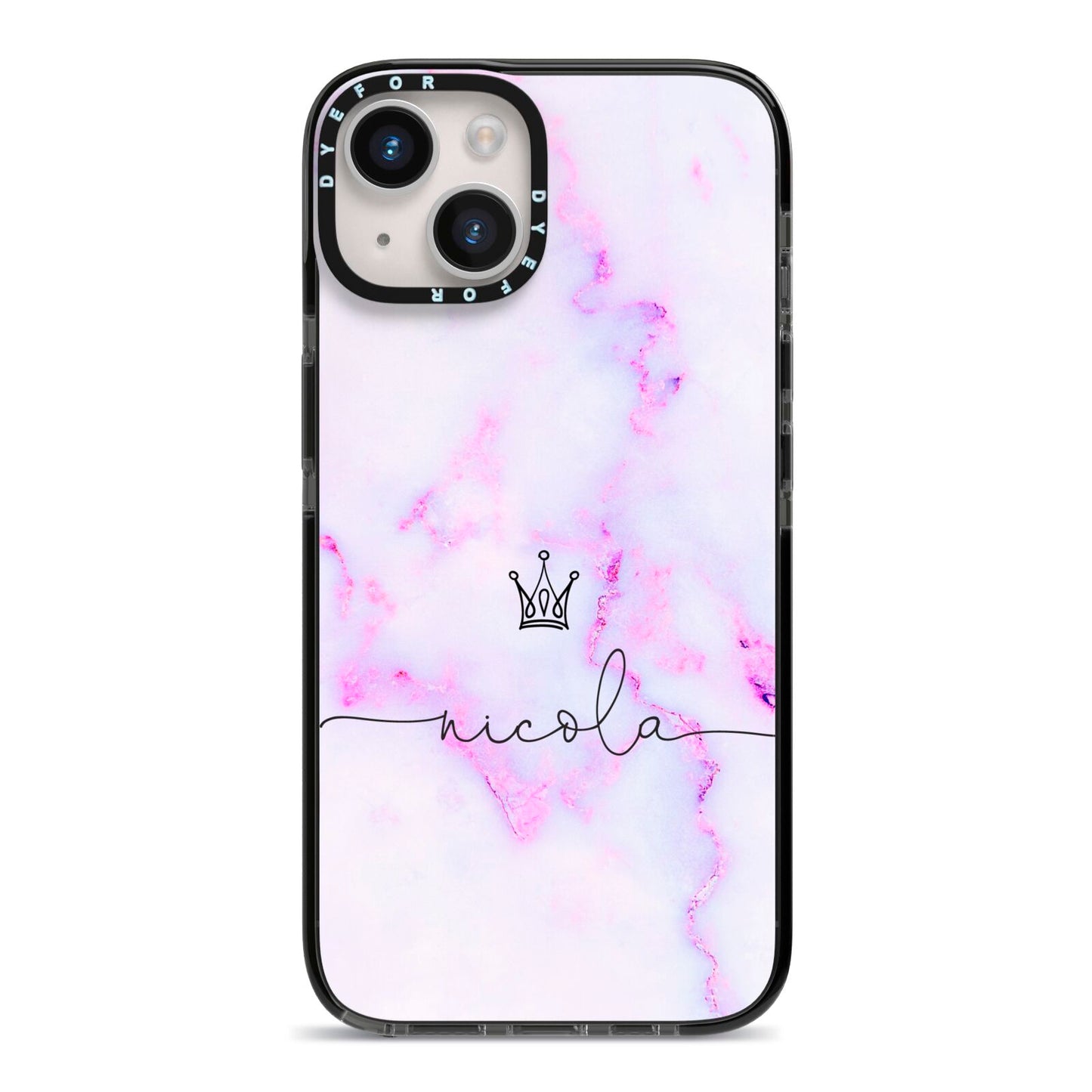 Pale Purple Glitter Marble with Crowned Name iPhone 14 Black Impact Case on Silver phone