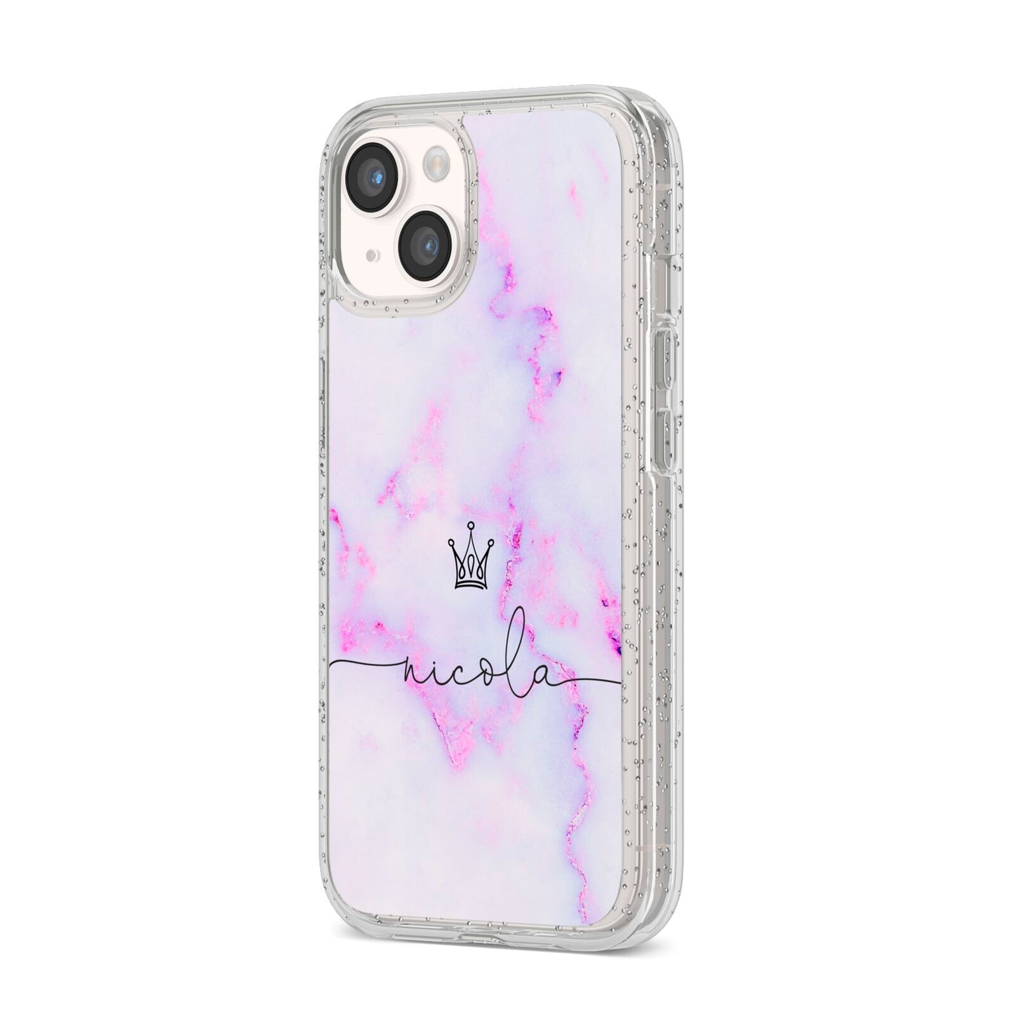 Pale Purple Glitter Marble with Crowned Name iPhone 14 Glitter Tough Case Starlight Angled Image