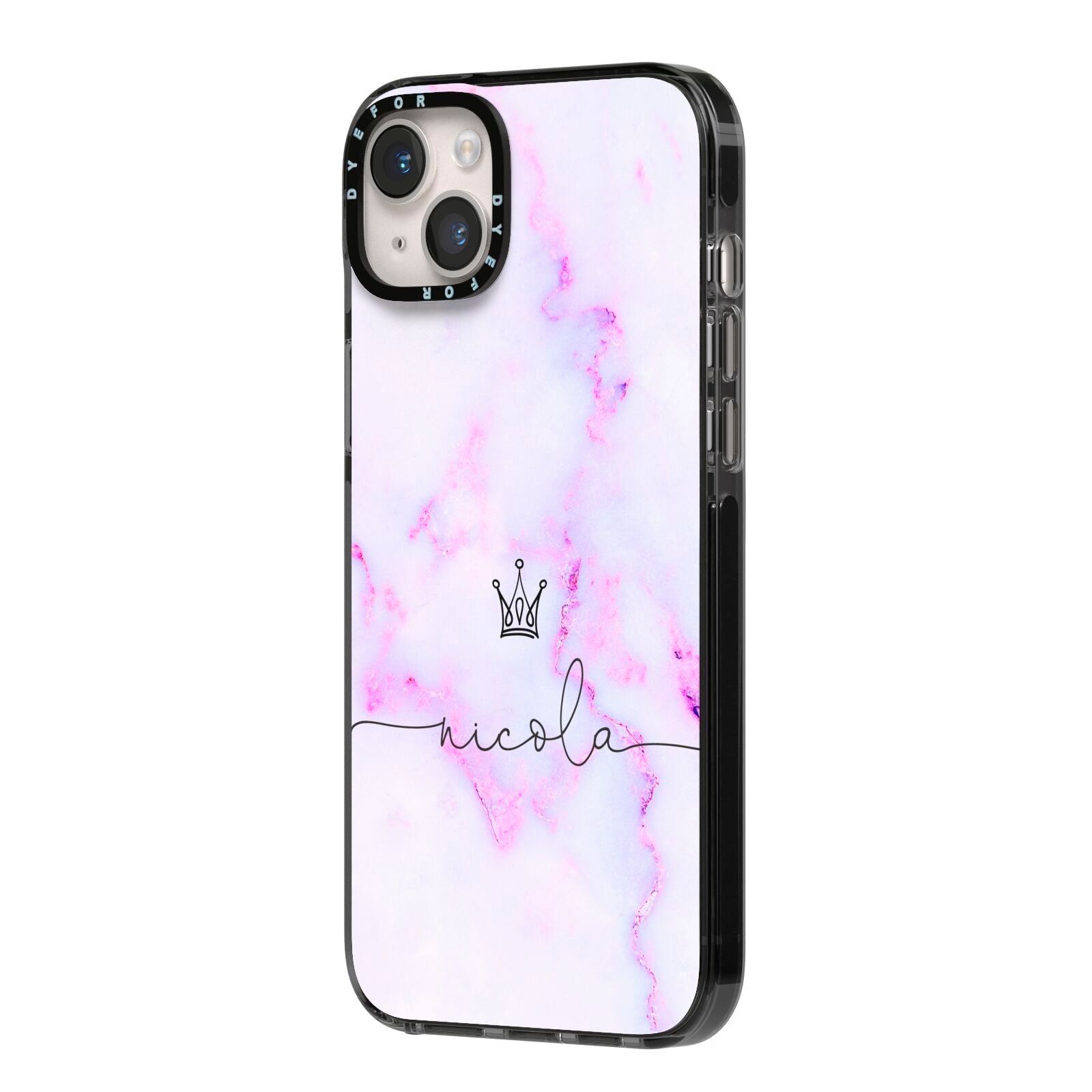 Pale Purple Glitter Marble with Crowned Name iPhone 14 Plus Black Impact Case Side Angle on Silver phone