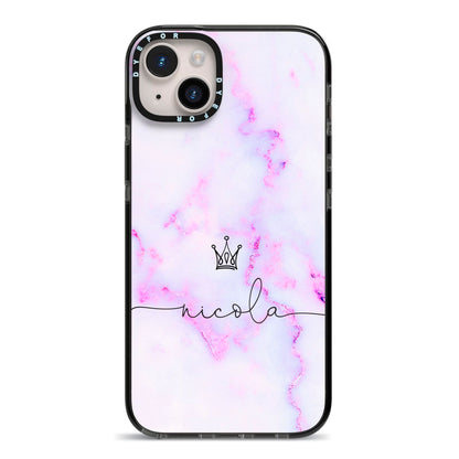 Pale Purple Glitter Marble with Crowned Name iPhone 14 Plus Black Impact Case on Silver phone
