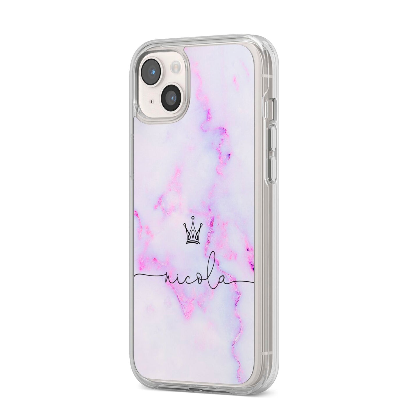 Pale Purple Glitter Marble with Crowned Name iPhone 14 Plus Clear Tough Case Starlight Angled Image