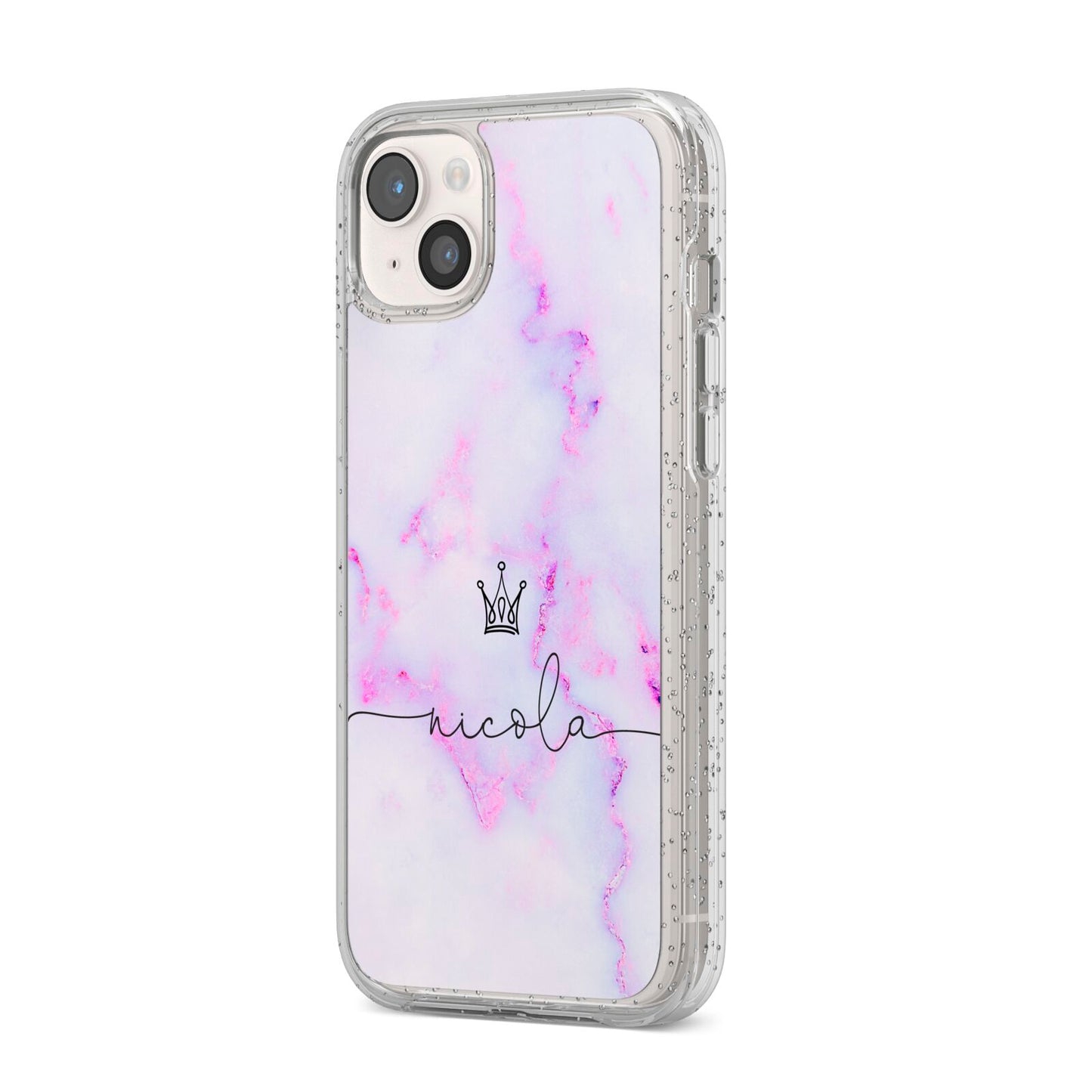 Pale Purple Glitter Marble with Crowned Name iPhone 14 Plus Glitter Tough Case Starlight Angled Image
