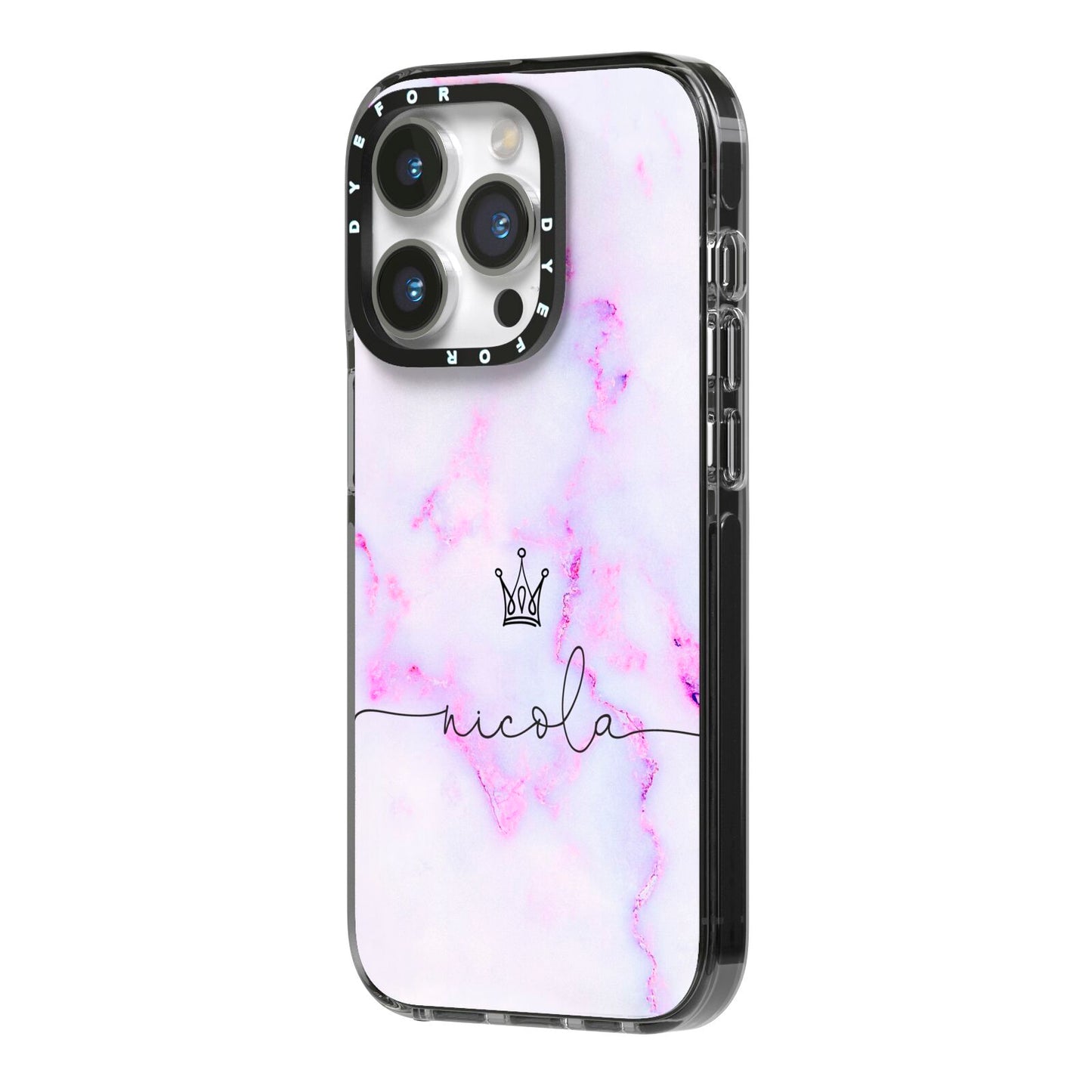 Pale Purple Glitter Marble with Crowned Name iPhone 14 Pro Black Impact Case Side Angle on Silver phone