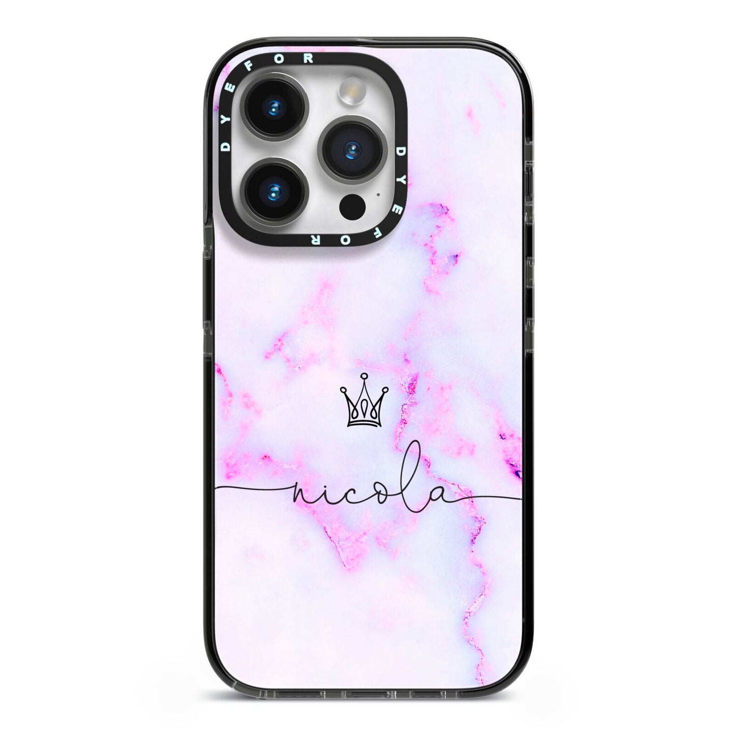 Pale Purple Glitter Marble with Crowned Name iPhone 14 Pro Black Impact Case on Silver phone