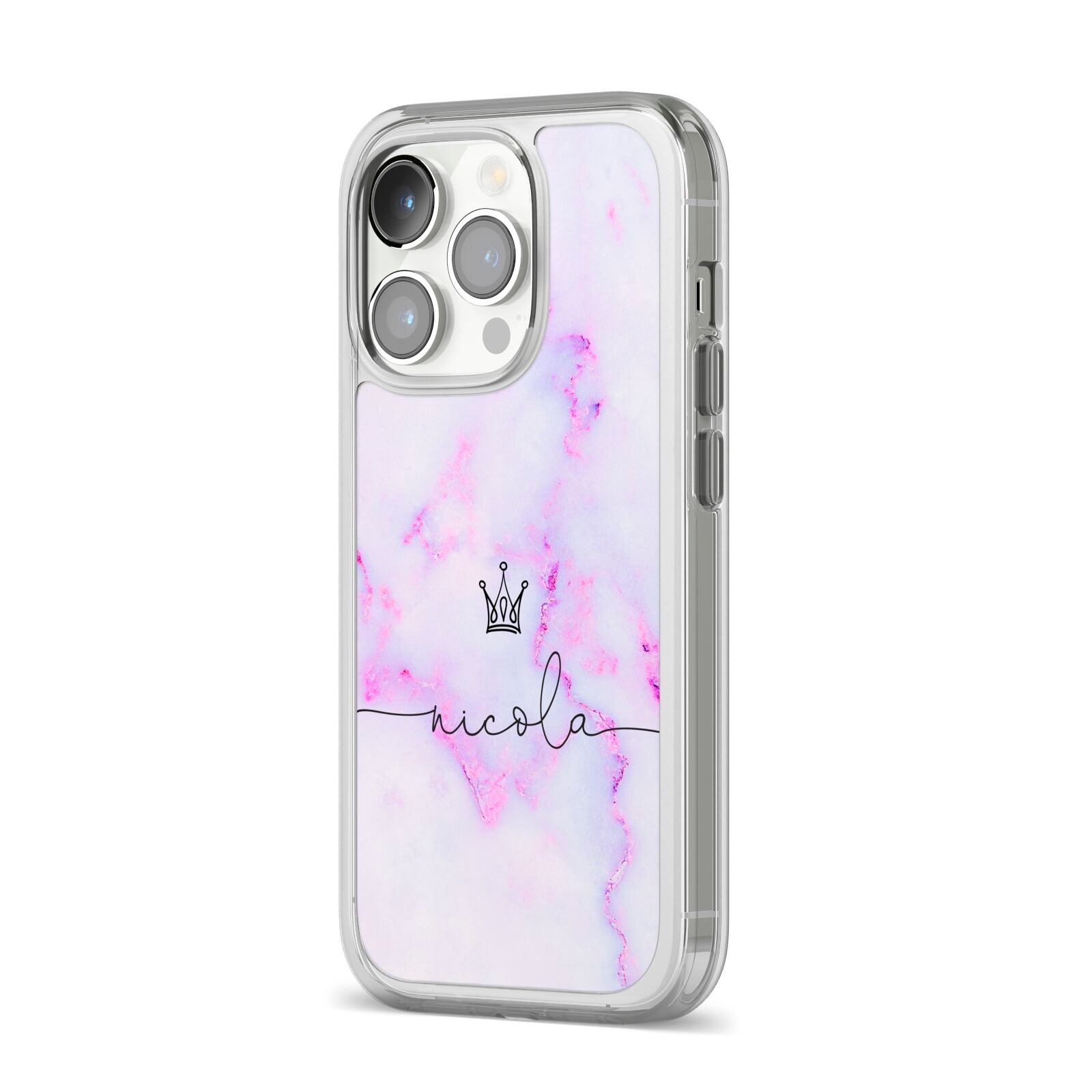 Pale Purple Glitter Marble with Crowned Name iPhone 14 Pro Clear Tough Case Silver Angled Image