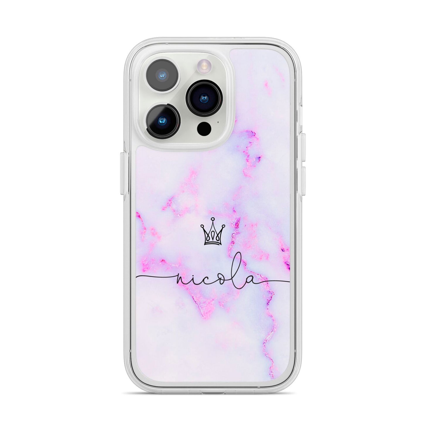 Pale Purple Glitter Marble with Crowned Name iPhone 14 Pro Clear Tough Case Silver