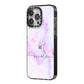 Pale Purple Glitter Marble with Crowned Name iPhone 14 Pro Max Black Impact Case Side Angle on Silver phone