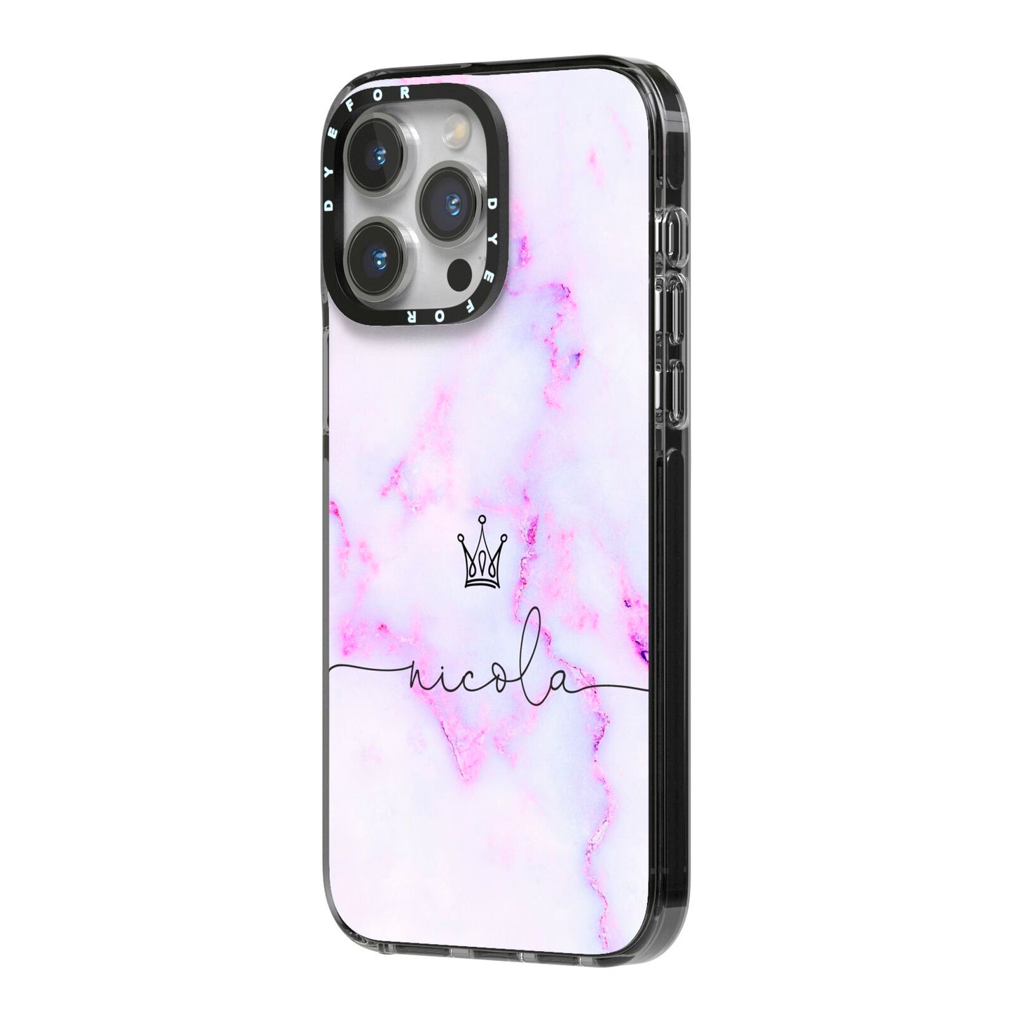 Pale Purple Glitter Marble with Crowned Name iPhone 14 Pro Max Black Impact Case Side Angle on Silver phone