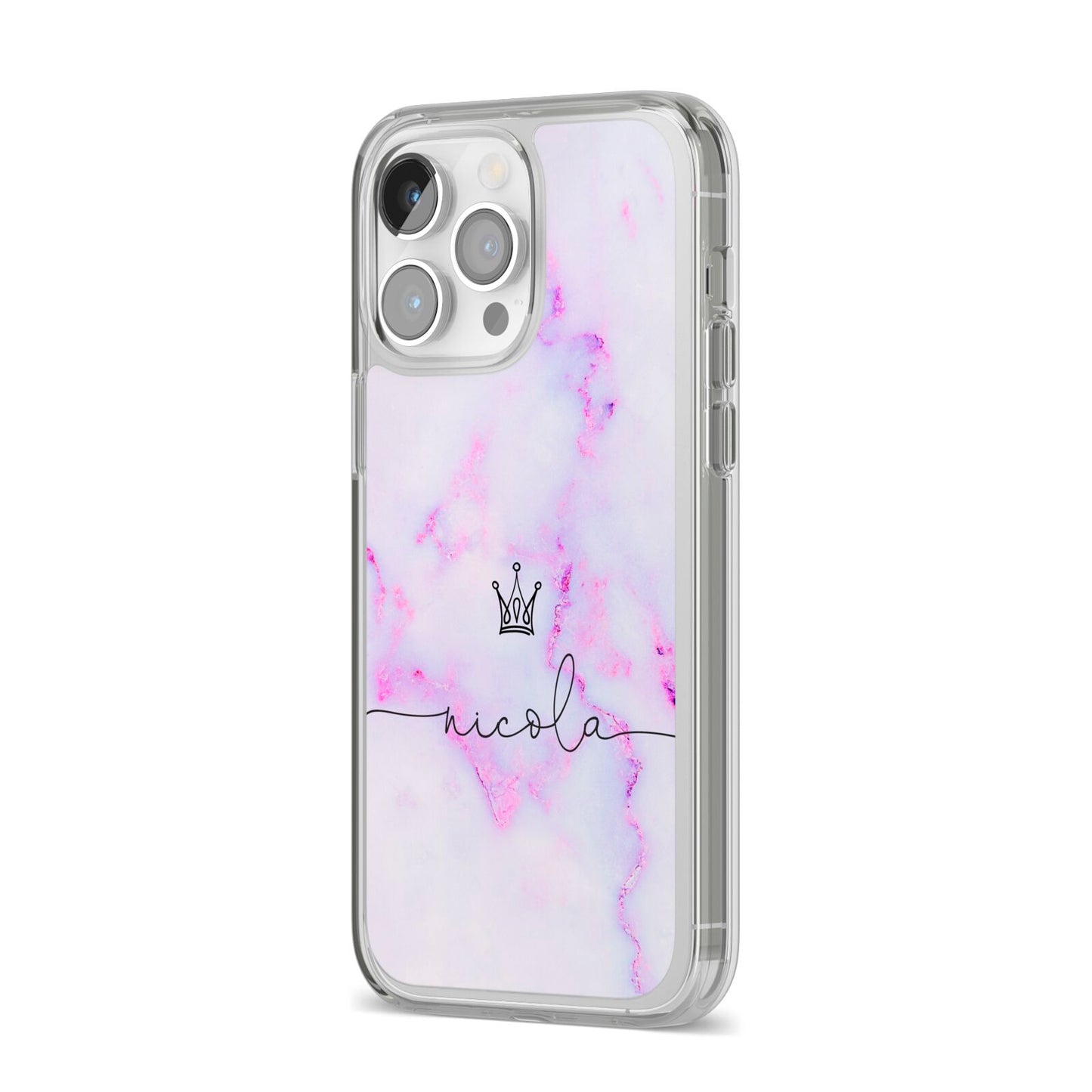 Pale Purple Glitter Marble with Crowned Name iPhone 14 Pro Max Clear Tough Case Silver Angled Image