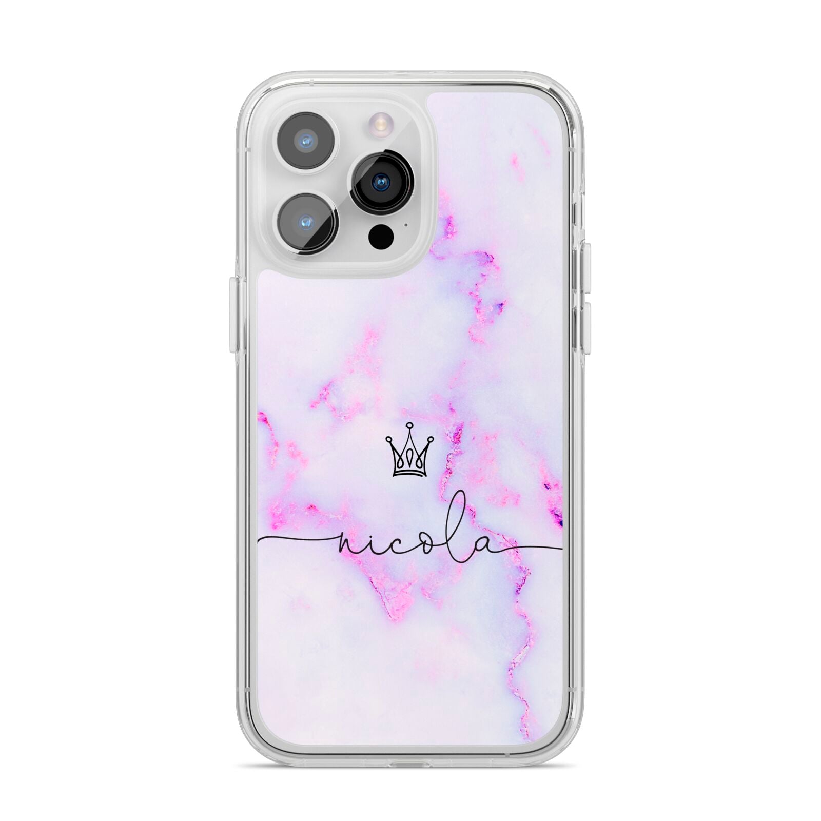 Pale Purple Glitter Marble with Crowned Name iPhone 14 Pro Max Clear Tough Case Silver