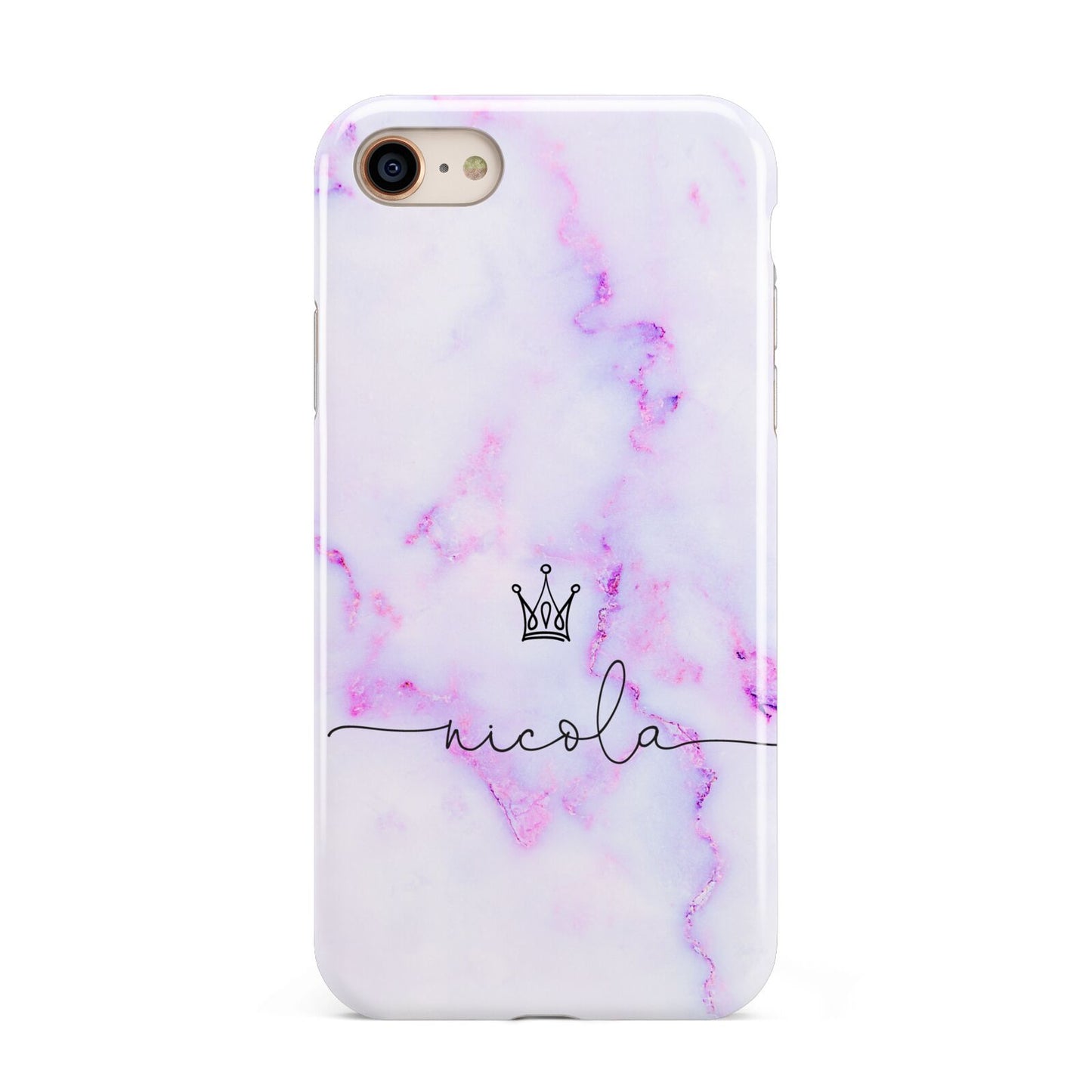 Pale Purple Glitter Marble with Crowned Name iPhone 8 3D Tough Case on Gold Phone