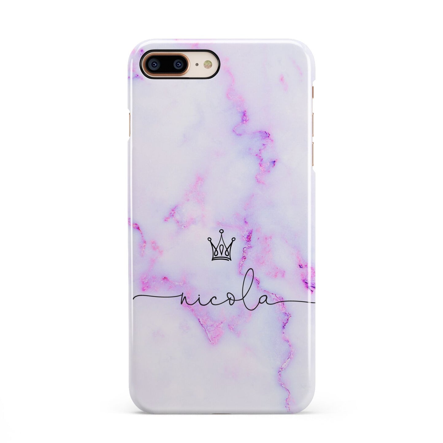 Pale Purple Glitter Marble with Crowned Name iPhone 8 Plus 3D Snap Case on Gold Phone
