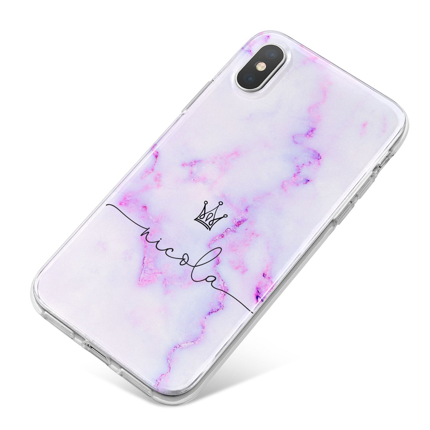 Pale Purple Glitter Marble with Crowned Name iPhone X Bumper Case on Silver iPhone