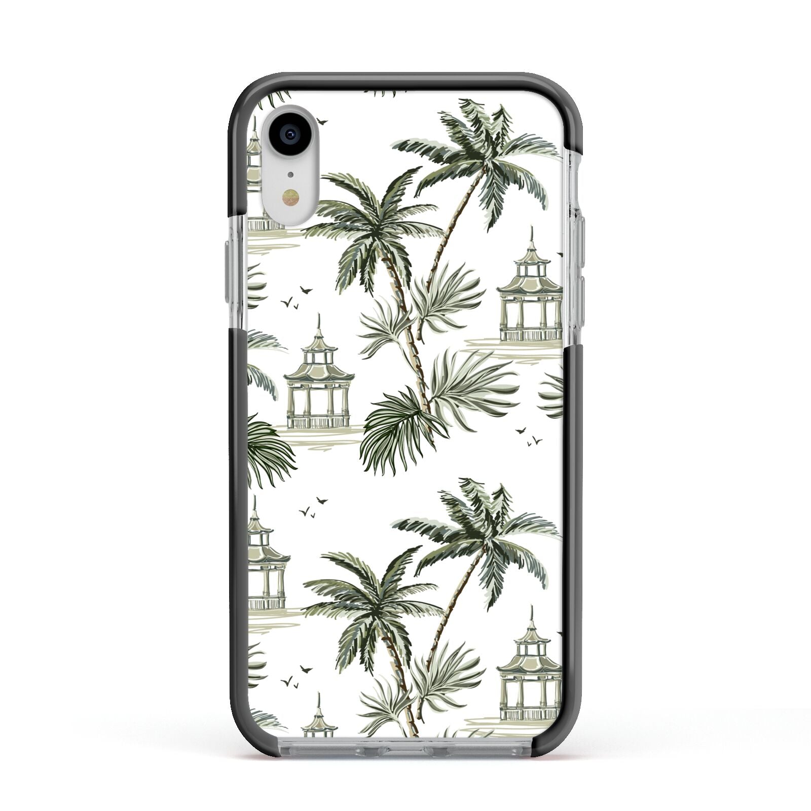 Palm Tree Pattern Apple iPhone XR Impact Case Black Edge on Silver Phone