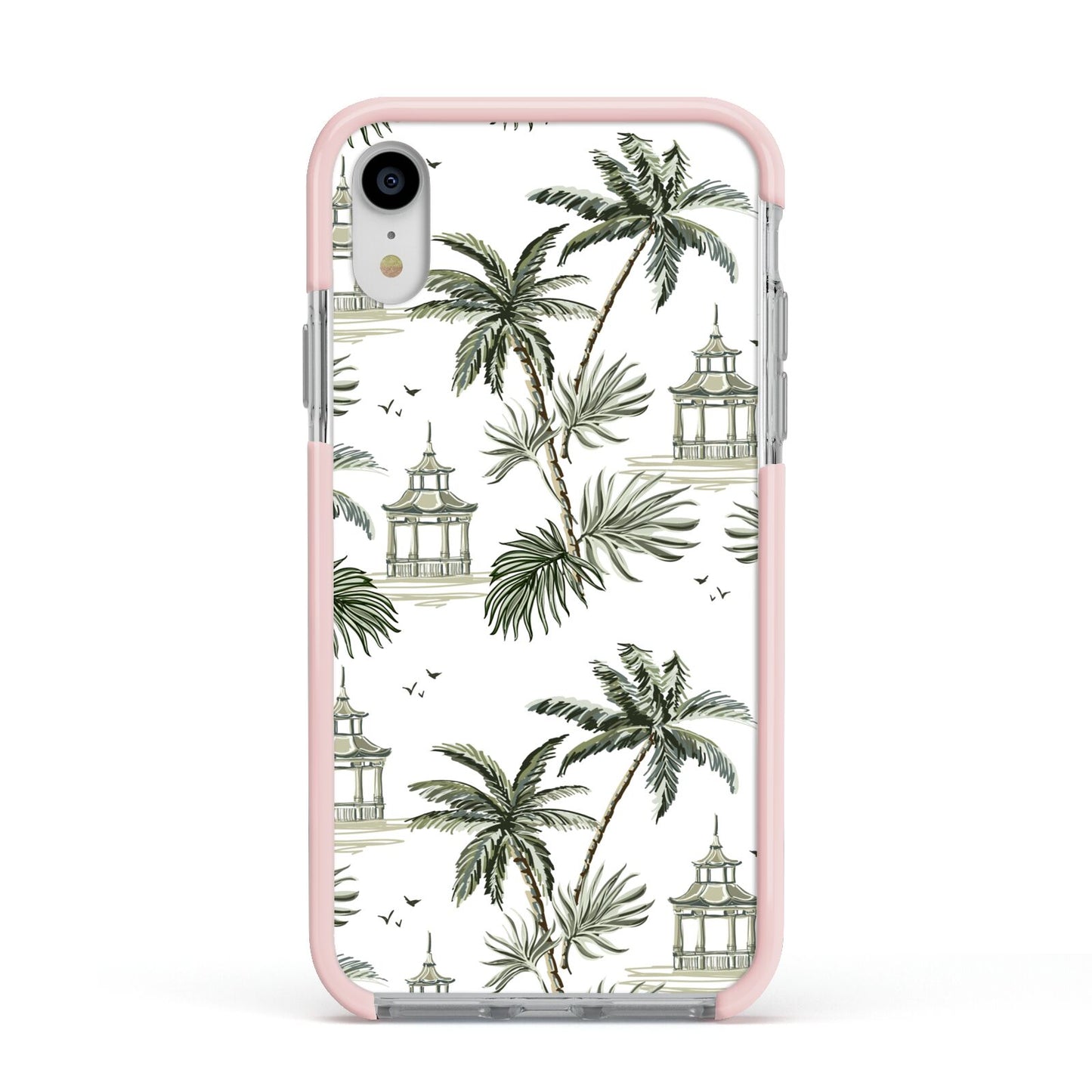 Palm Tree Pattern Apple iPhone XR Impact Case Pink Edge on Silver Phone