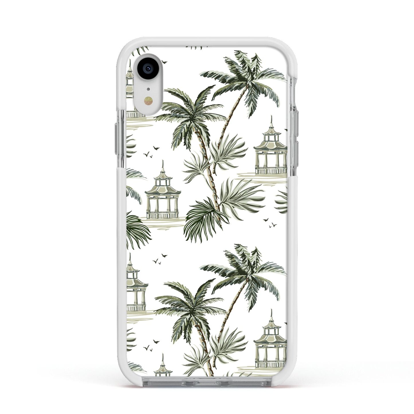 Palm Tree Pattern Apple iPhone XR Impact Case White Edge on Silver Phone