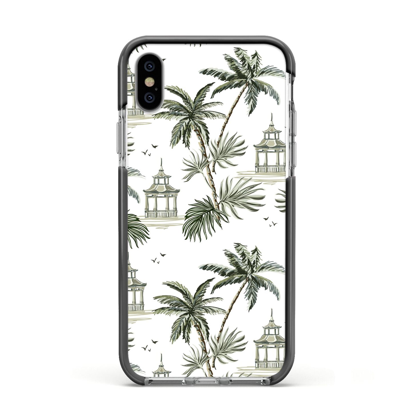 Palm Tree Pattern Apple iPhone Xs Impact Case Black Edge on Silver Phone