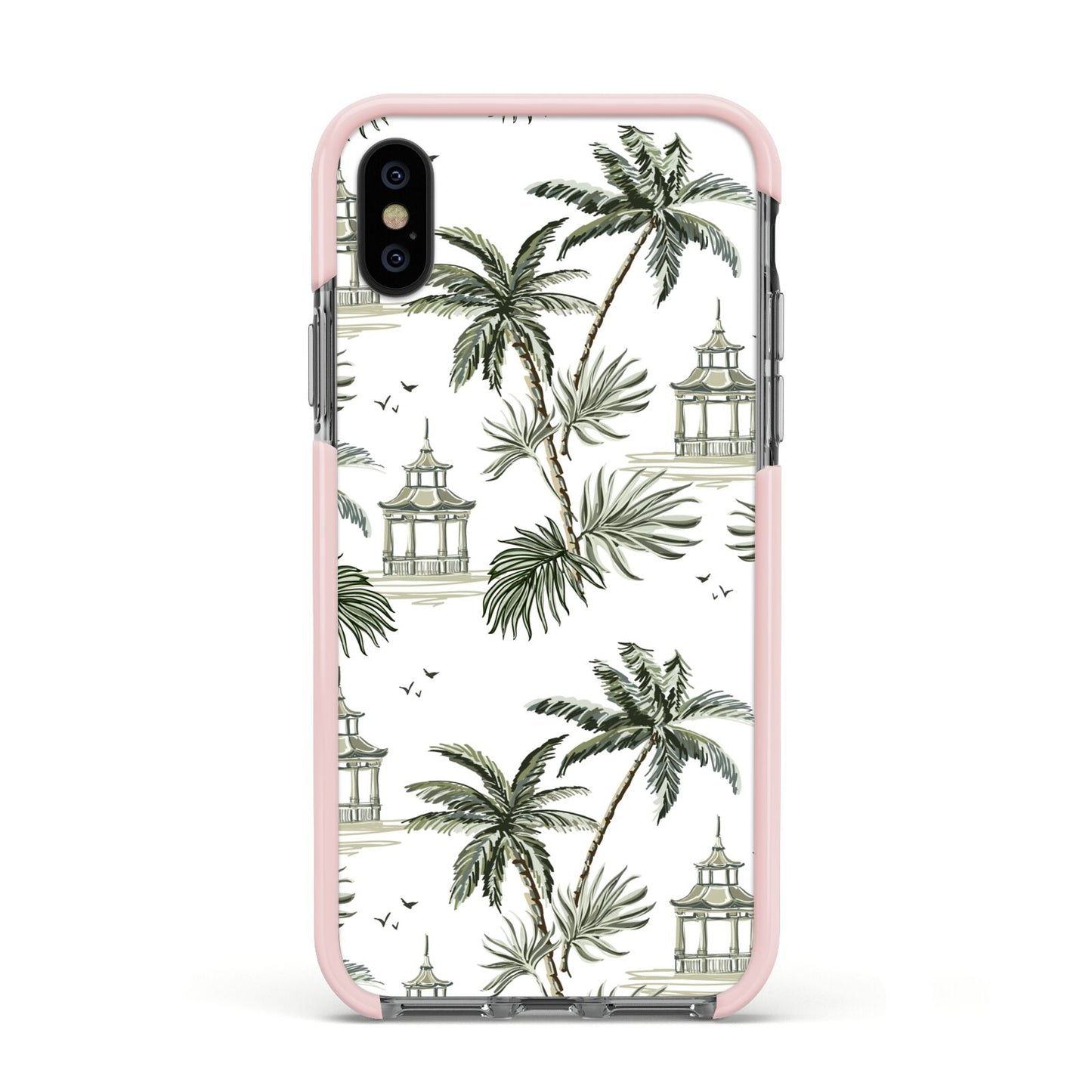 Palm Tree Pattern Apple iPhone Xs Impact Case Pink Edge on Black Phone