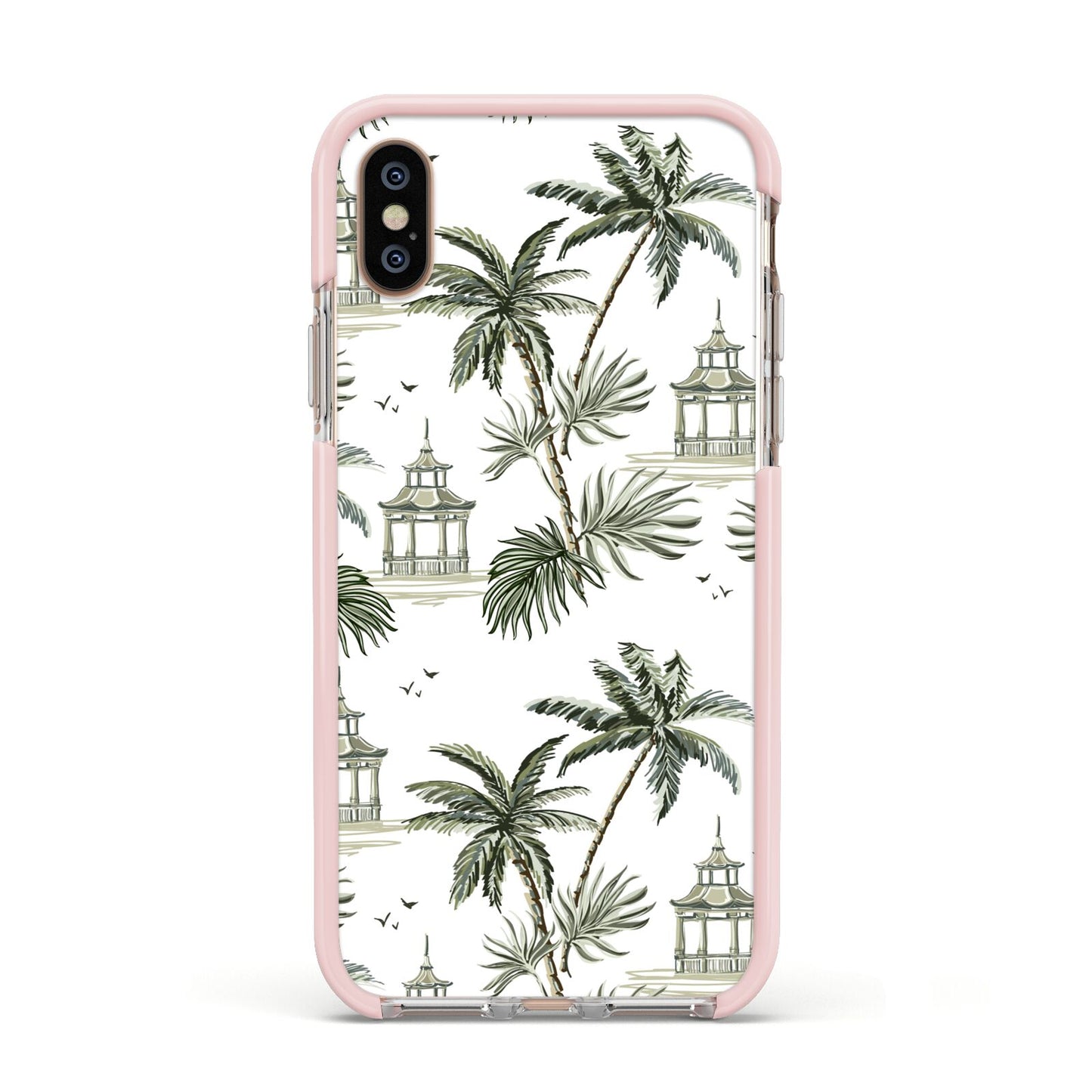 Palm Tree Pattern Apple iPhone Xs Impact Case Pink Edge on Gold Phone