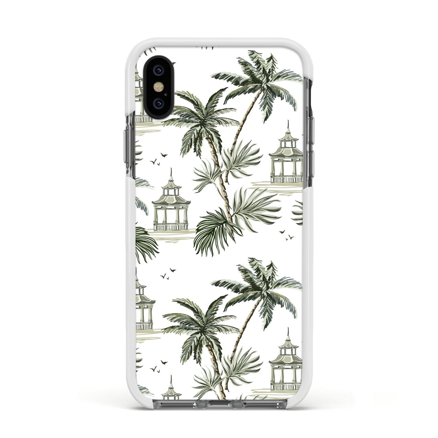 Palm Tree Pattern Apple iPhone Xs Impact Case White Edge on Black Phone