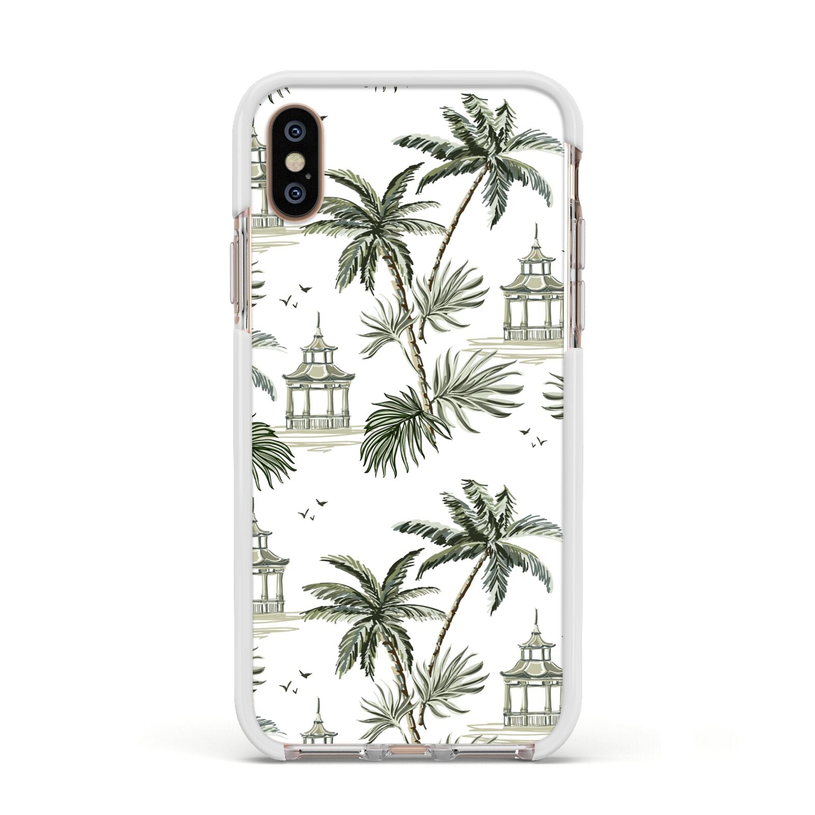 Palm Tree Pattern Apple iPhone Xs Impact Case White Edge on Gold Phone