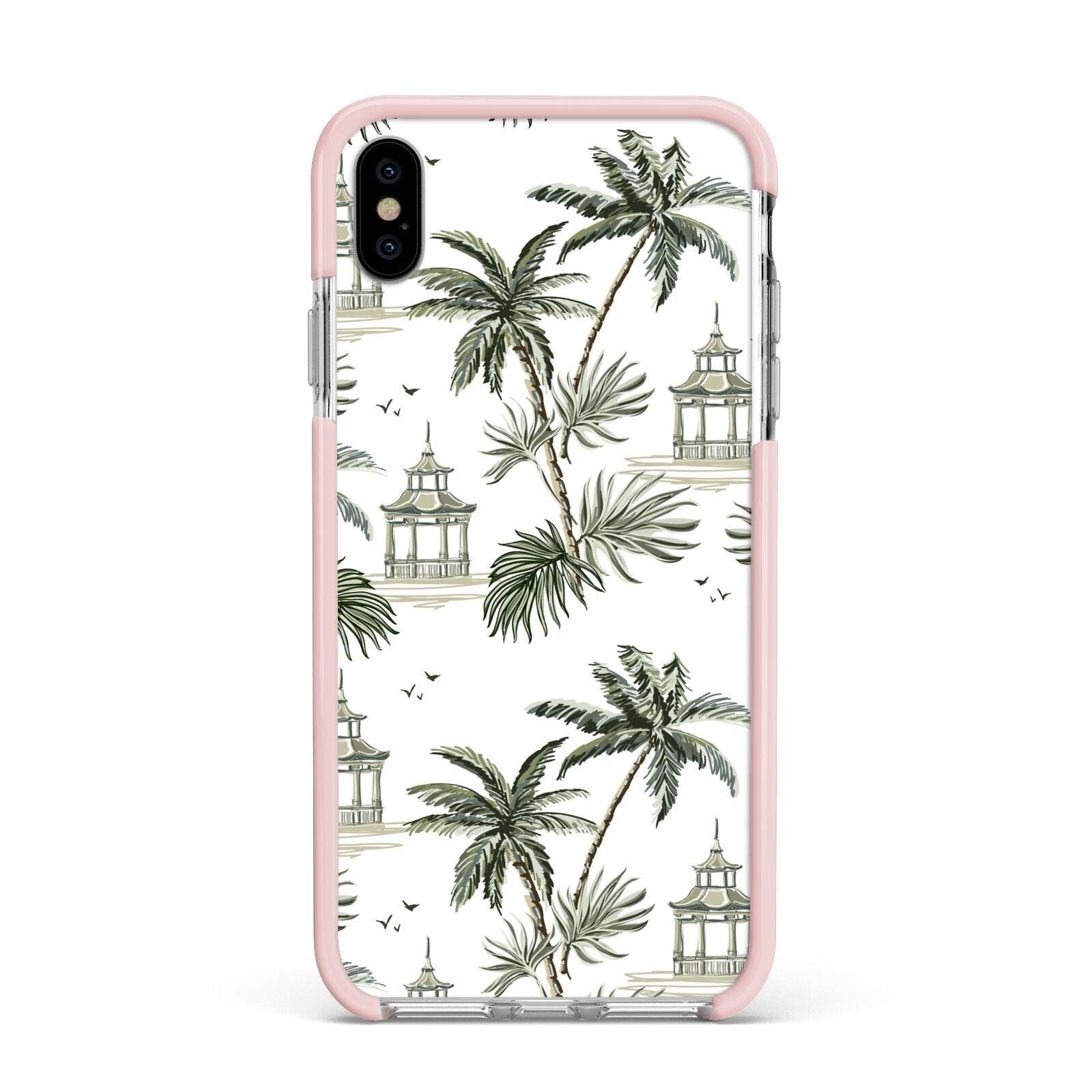 Palm Tree Pattern Apple iPhone Xs Max Impact Case Pink Edge on Silver Phone