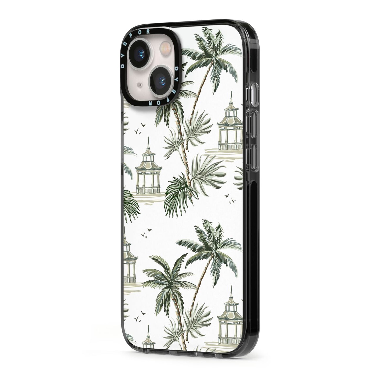 Palm Tree Pattern iPhone 13 Black Impact Case Side Angle on Silver phone