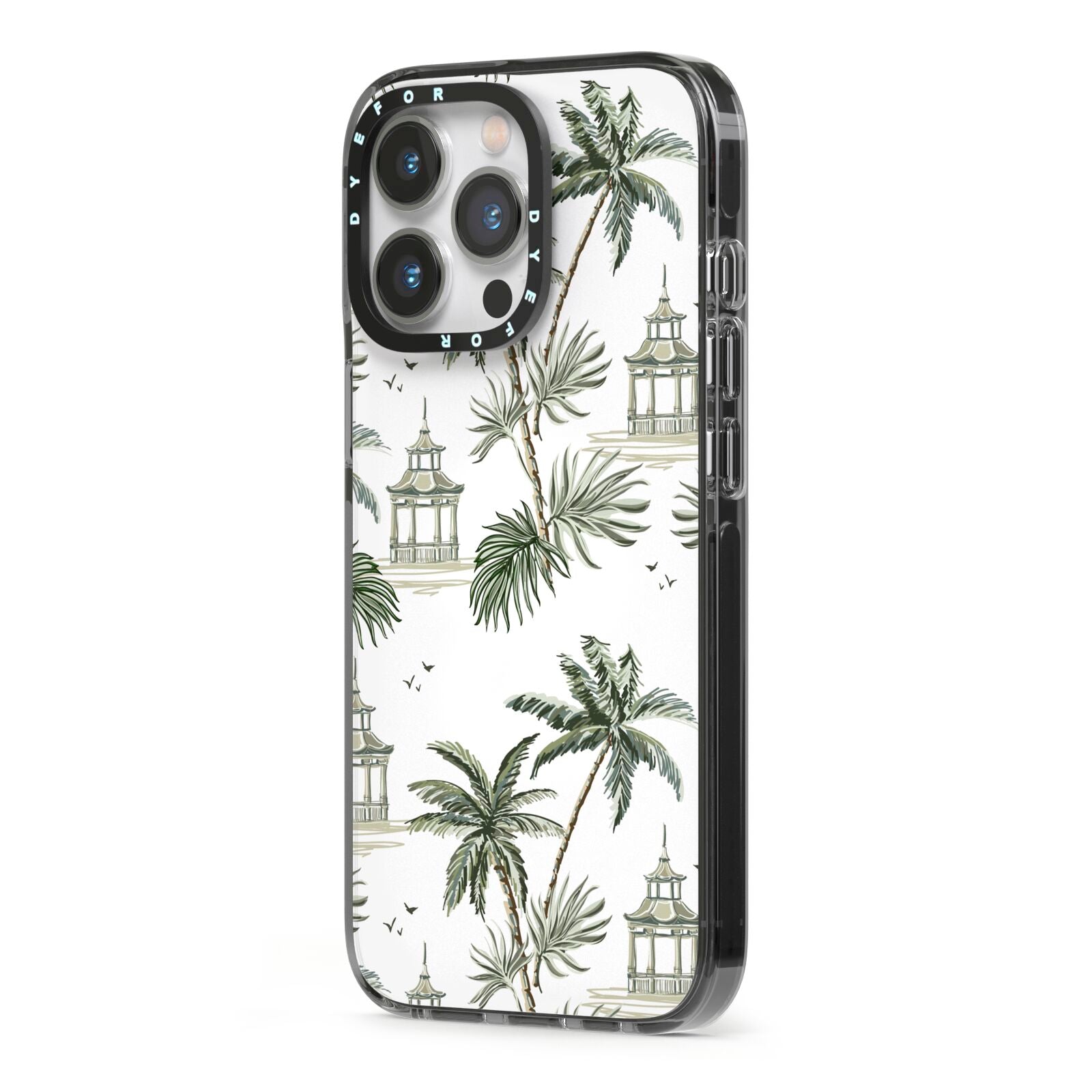 Palm Tree Pattern iPhone 13 Pro Black Impact Case Side Angle on Silver phone