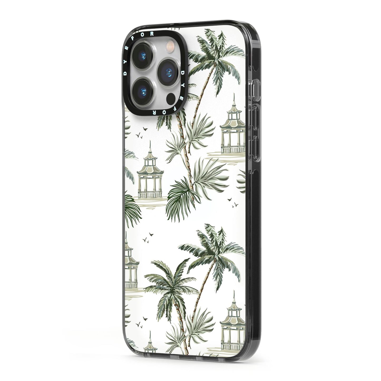 Palm Tree Pattern iPhone 13 Pro Max Black Impact Case Side Angle on Silver phone