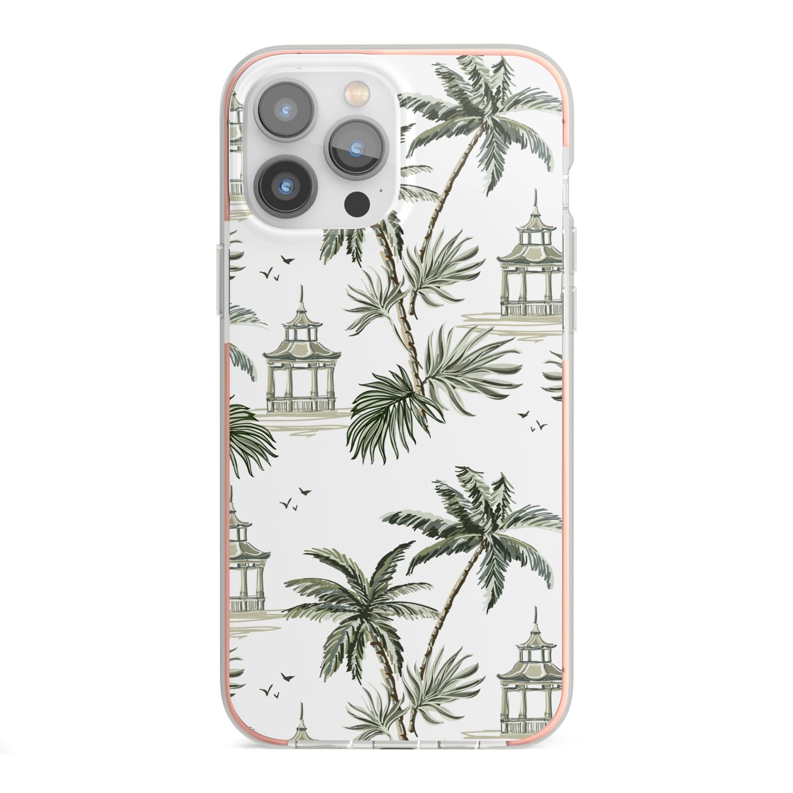 Palm Tree Pattern iPhone 13 Pro Max TPU Impact Case with Pink Edges