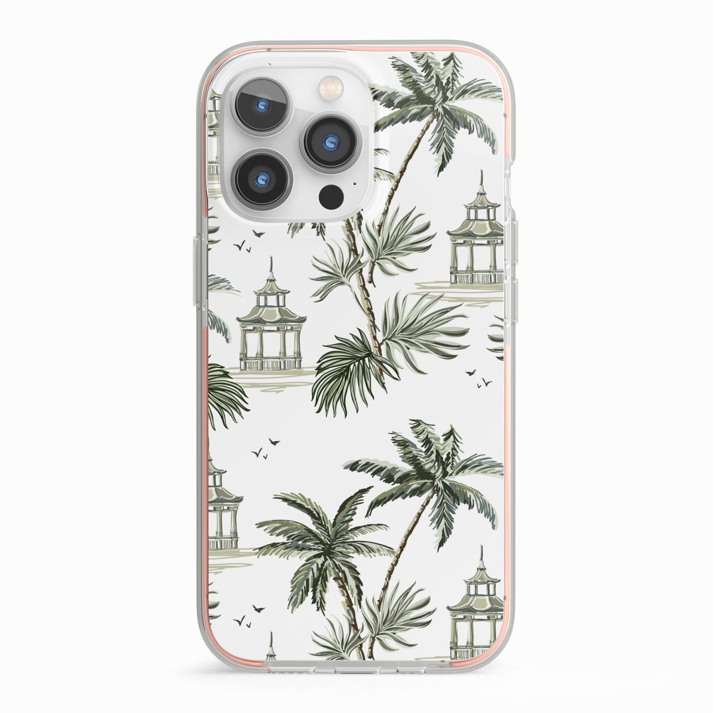 Palm Tree Pattern iPhone 13 Pro TPU Impact Case with Pink Edges