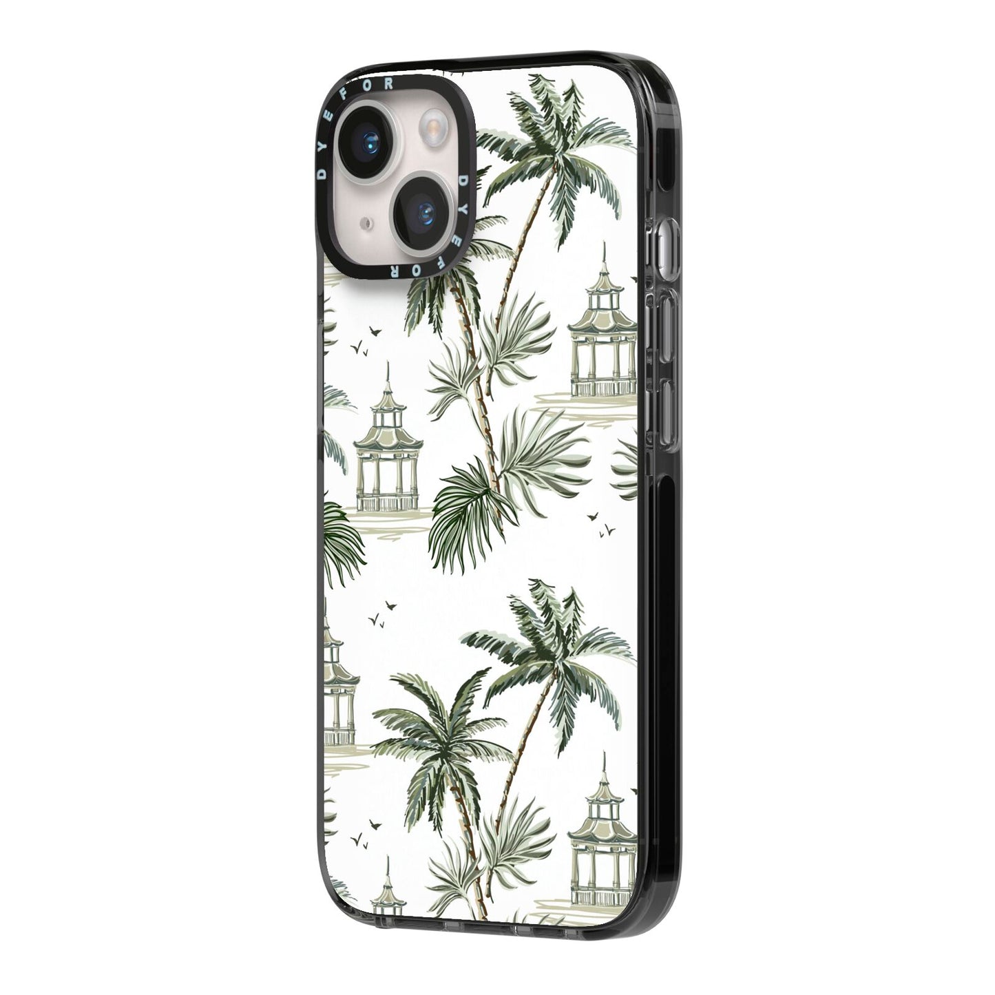 Palm Tree Pattern iPhone 14 Black Impact Case Side Angle on Silver phone