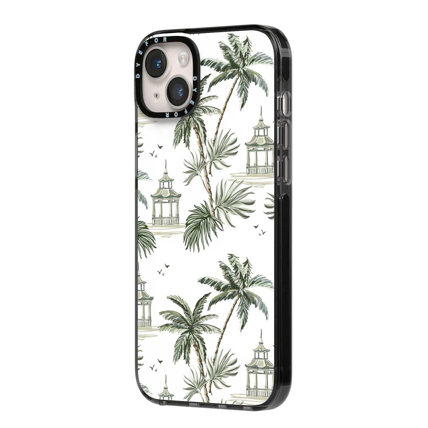 Palm Tree Pattern iPhone 14 Plus Black Impact Case Side Angle on Silver phone