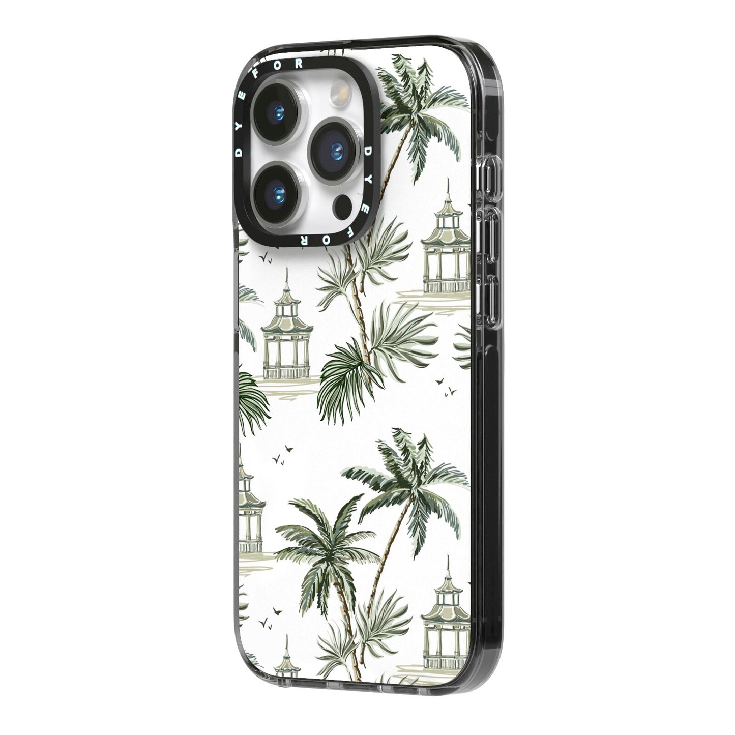 Palm Tree Pattern iPhone 14 Pro Black Impact Case Side Angle on Silver phone