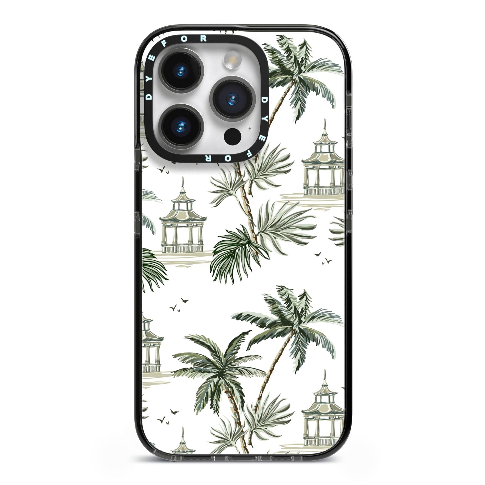 Palm Tree Pattern iPhone 14 Pro Black Impact Case on Silver phone